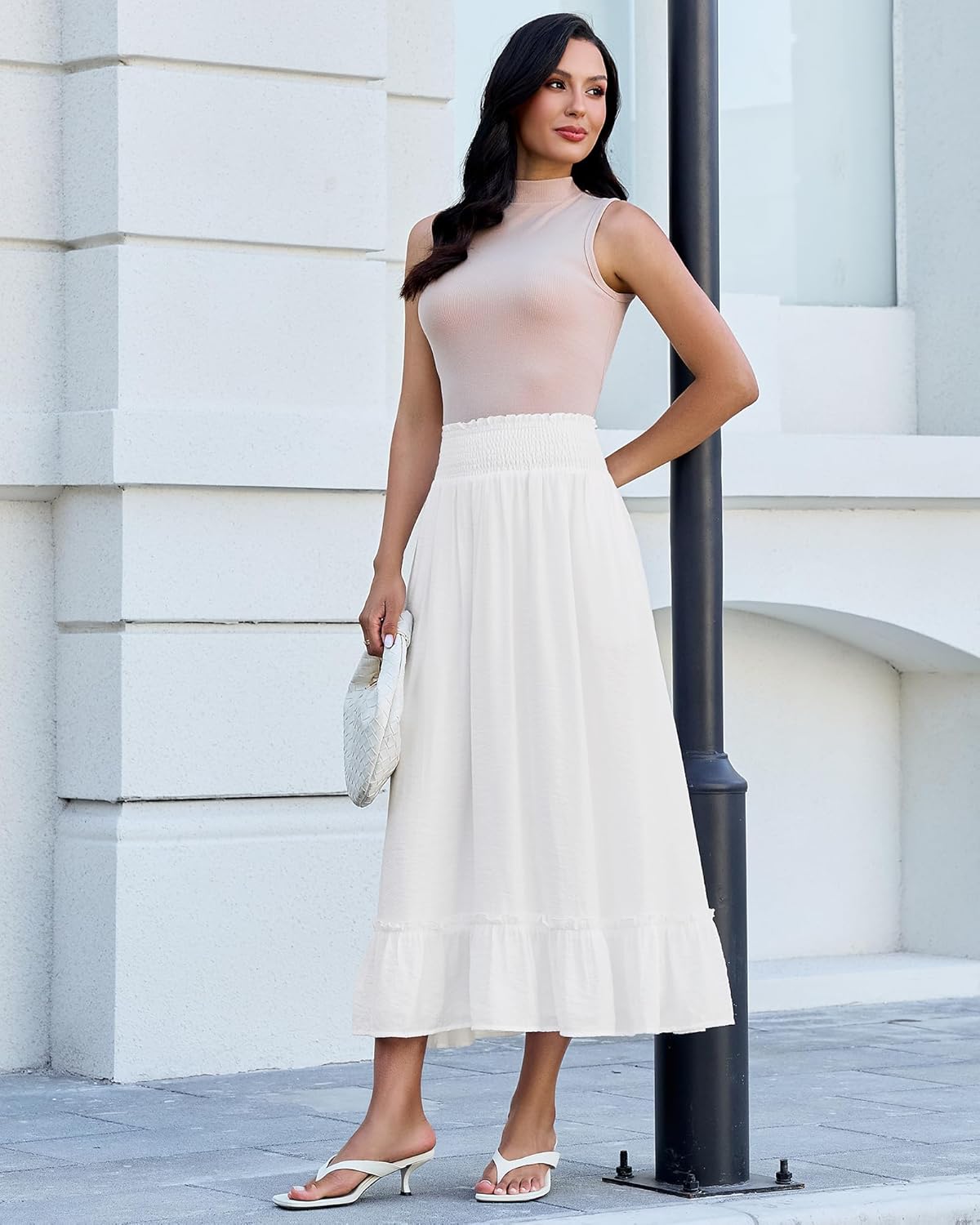 luvamia Maxi Skirts for Women Trendy Flowy Ruffle Smocked Waist A-line Boho Swing Long Skirt with Pockets Beach Vacation - Image 5