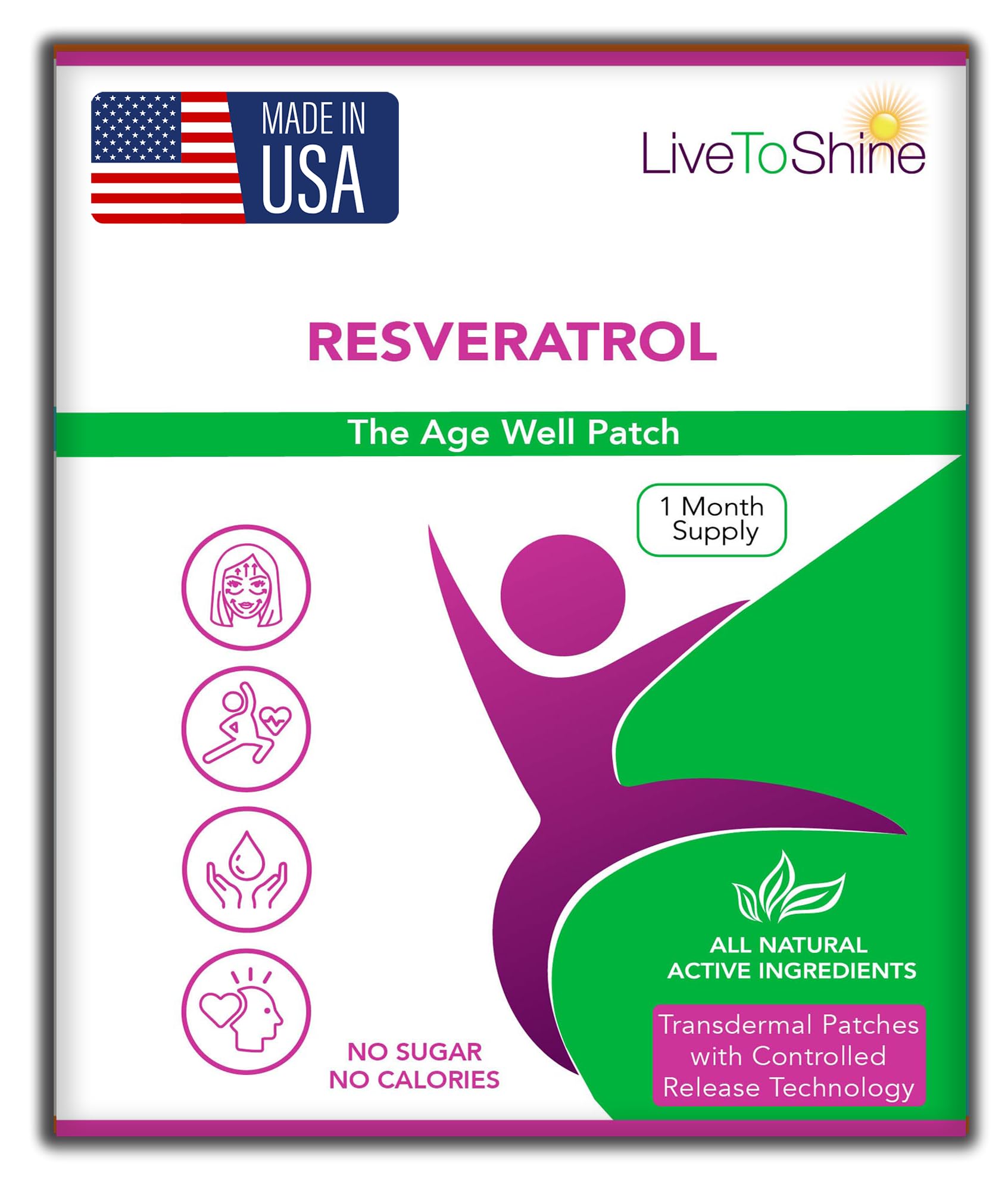 Live To Shine Resveratrol Patch - Transdermal Topical Plant-Based Antioxidant Support for Healthy Aging and Wellness - 30 Patches for Women and Men - USA Made