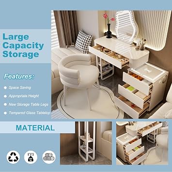 Dressing Table with Bluetooth Speaker and Charging Station,Vanity Desk/Make-up Table with 5 Drawers Makeup Vanity Table with Stool Lighted Vanity Set for Bedroom