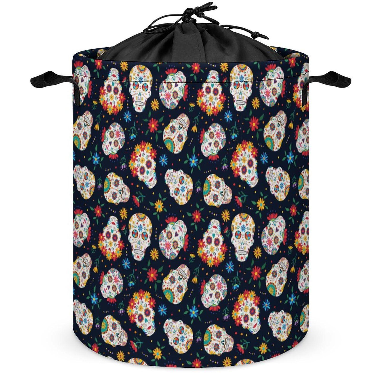Qjjinxior Drawstring Laundry Hamper, Mexican Sugar Skull Laundry Basket, Washing Basket with Handle