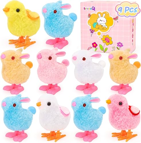 SevenQ Juguetes de cuerda para niños para cestas de Pascua, 9 juguetes de conejito saltador y pollitos de peluche que saltan pequeños juguetes para