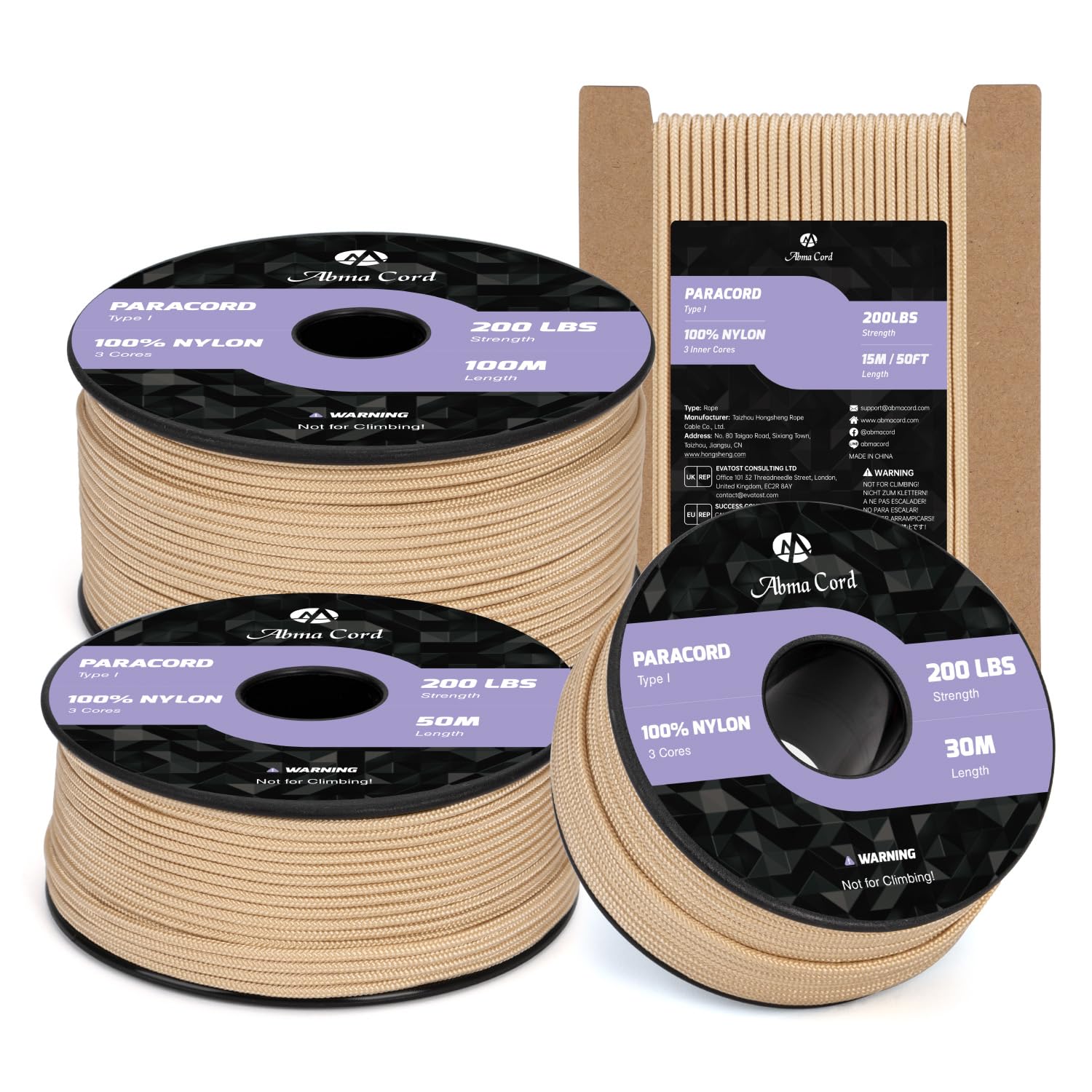 Abma Cord 2mm Paracord 50m Nylon Rope 3 Strands Type I Cord for DIY, Camping, Outdoor - Max. 90kg (200lbs) - Khaki