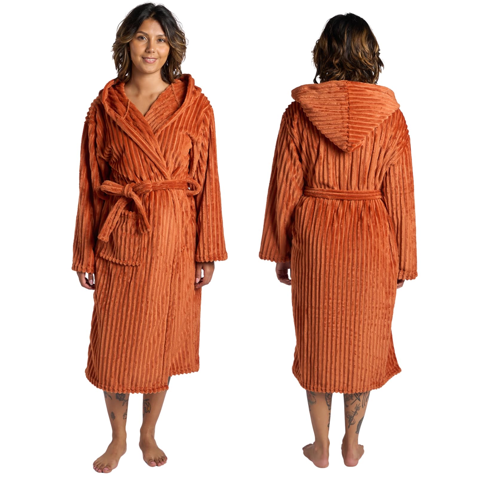 Ohs Unisex Rust Ribbed Fleece Mens Dressing Gowns, Gifts For Men Women Bathrobe With Hood & Pockets Soft Warm Comfy Luxury Oversized Fluffy Dressing Gown Womens, One Size