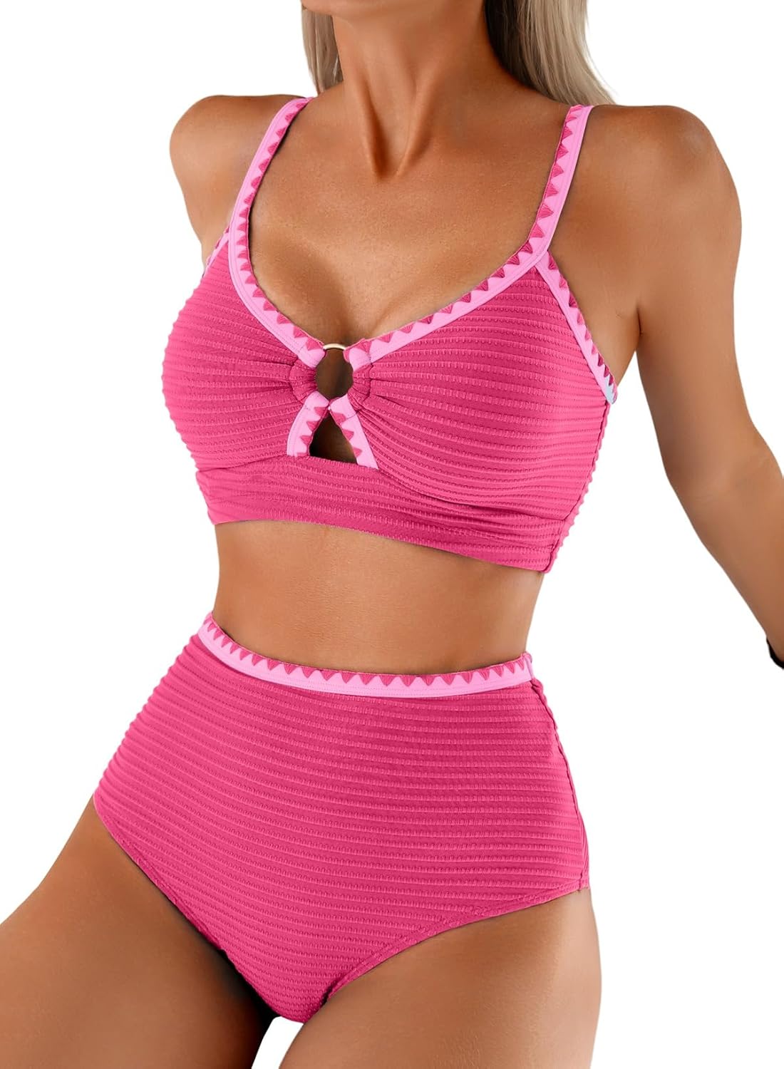 Herseas Women's Textured Bikini Sets O Ring Swimsuits Whip Stitch High Waisted Bathing Suits 2026 Summer Beach Wear