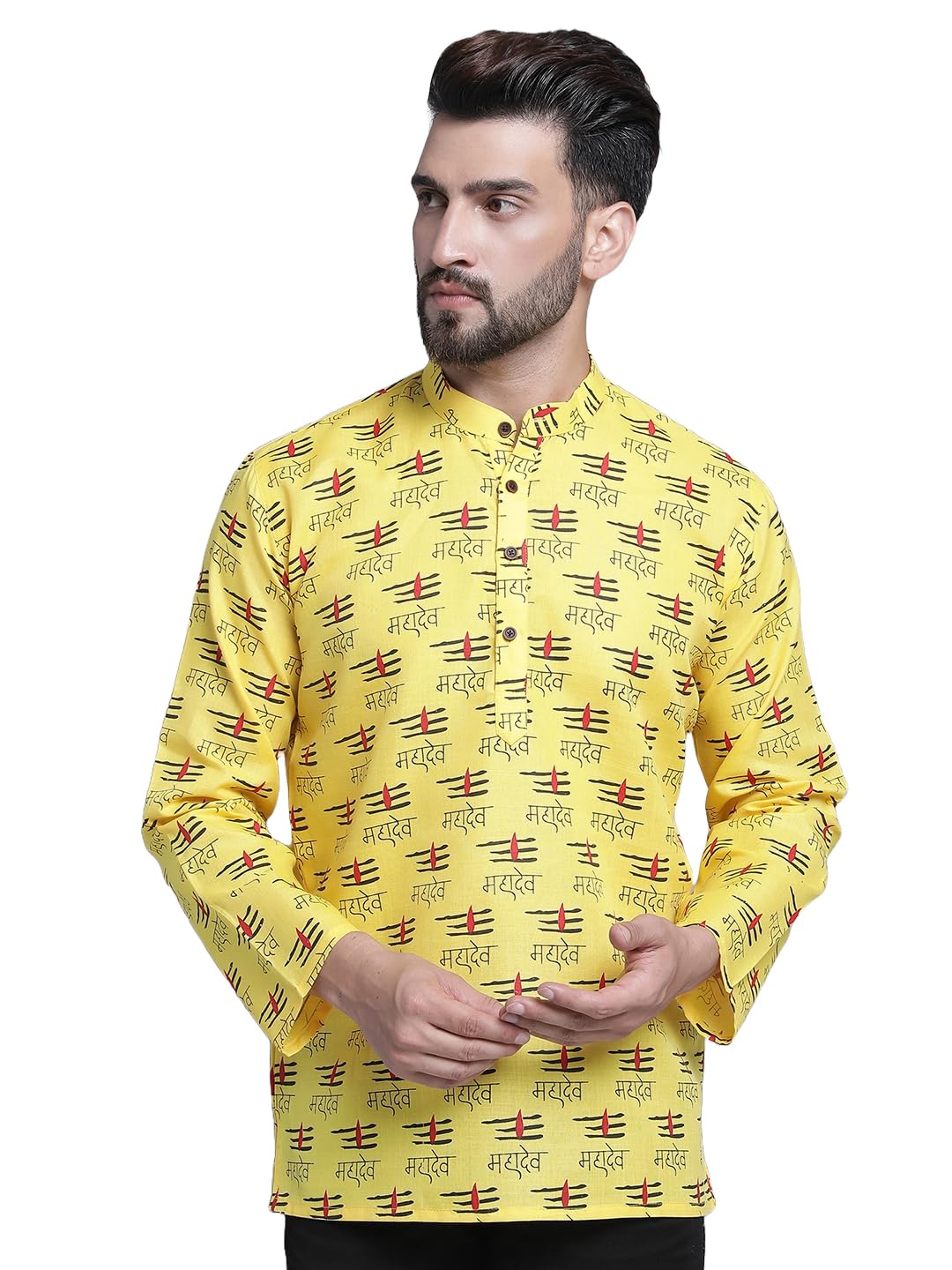 Men's Yellow Printed Cotton Kurta with Mahadev Text & Trishul Design-image-21