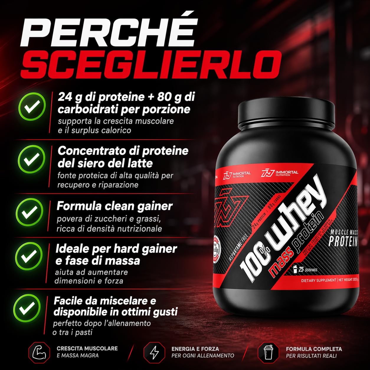 Weight Gainer in Polvere 100% Whey Mass Protein 3000 g Immortal Nutrition, Maltodestrine e Proteine del Siero del Latte Integratore per la Crescita della Massa Muscolare e del Peso (Biscotto e Crema)