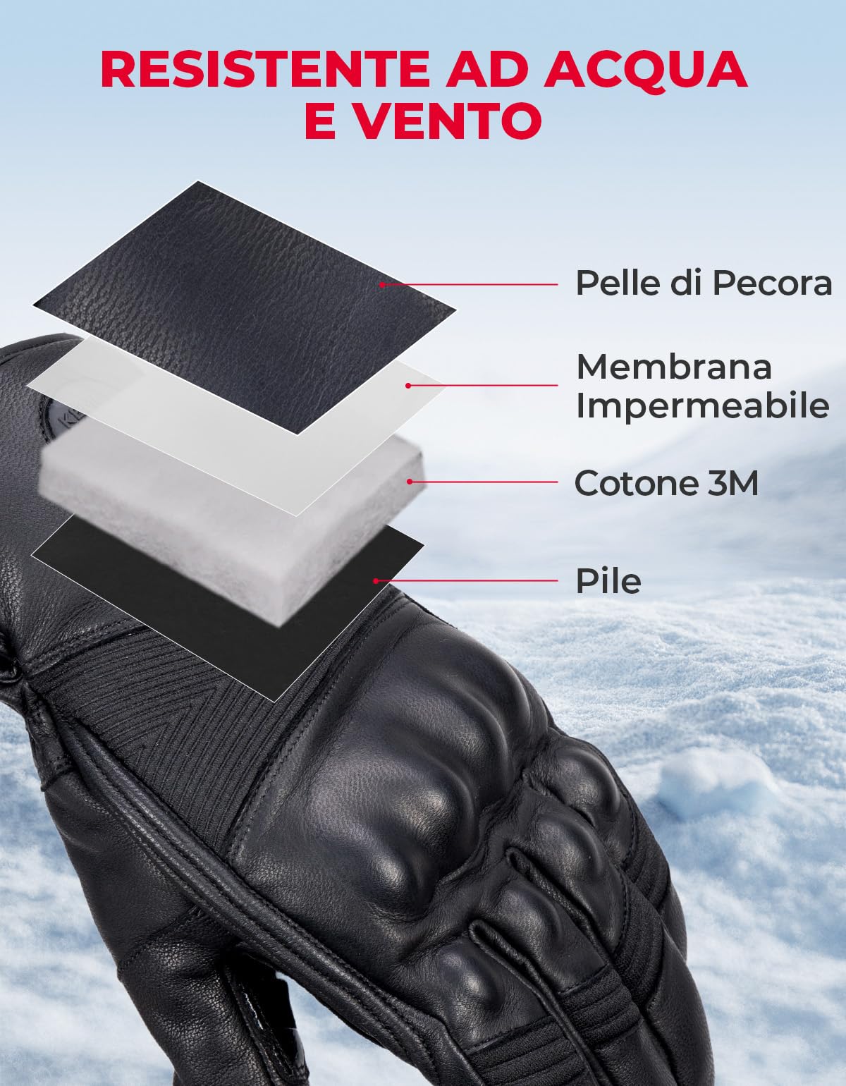 KEMIMOTO Guanti Moto in Pelle Uomo Donna, Termici Guanti Moto Invernali Touchscreen con Protezione delle Nocche, Adatti da 0°C a 5°C, Ideali per Motociclismo, Ciclismo, Sci, Campeggio