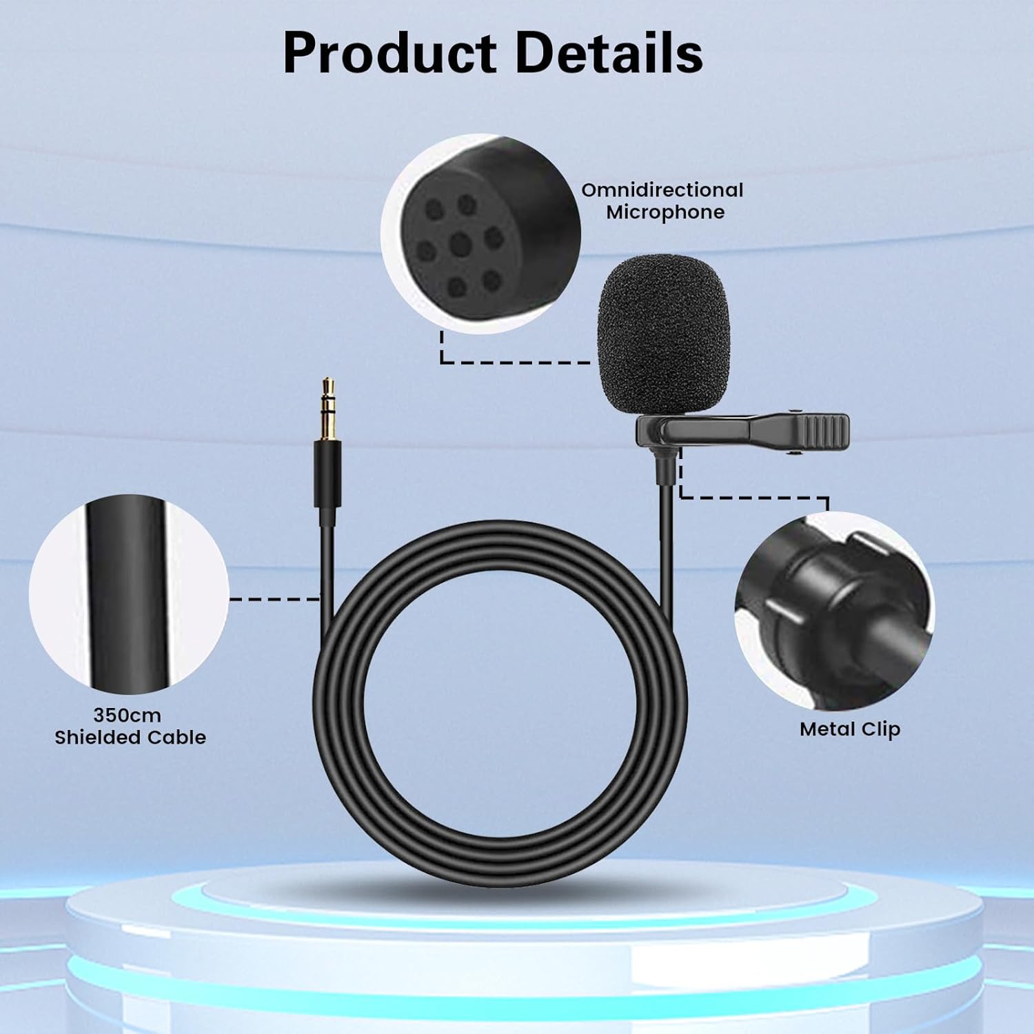 Detallado view of the Inefala 3.5mm car microphone, highlighting the omnidirectional microphone, 350cm shielded cable, and metal clip.