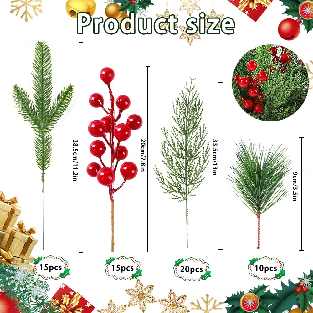 Vellibring 60 PCS Artificial Pine Branches Christmas Faux Pine Greenery Stems Red Holly Berries Fake Cedar Pine Needles Picks for Christmas Tree Wreath Garland DIY Crafts Holiday Home Decoration