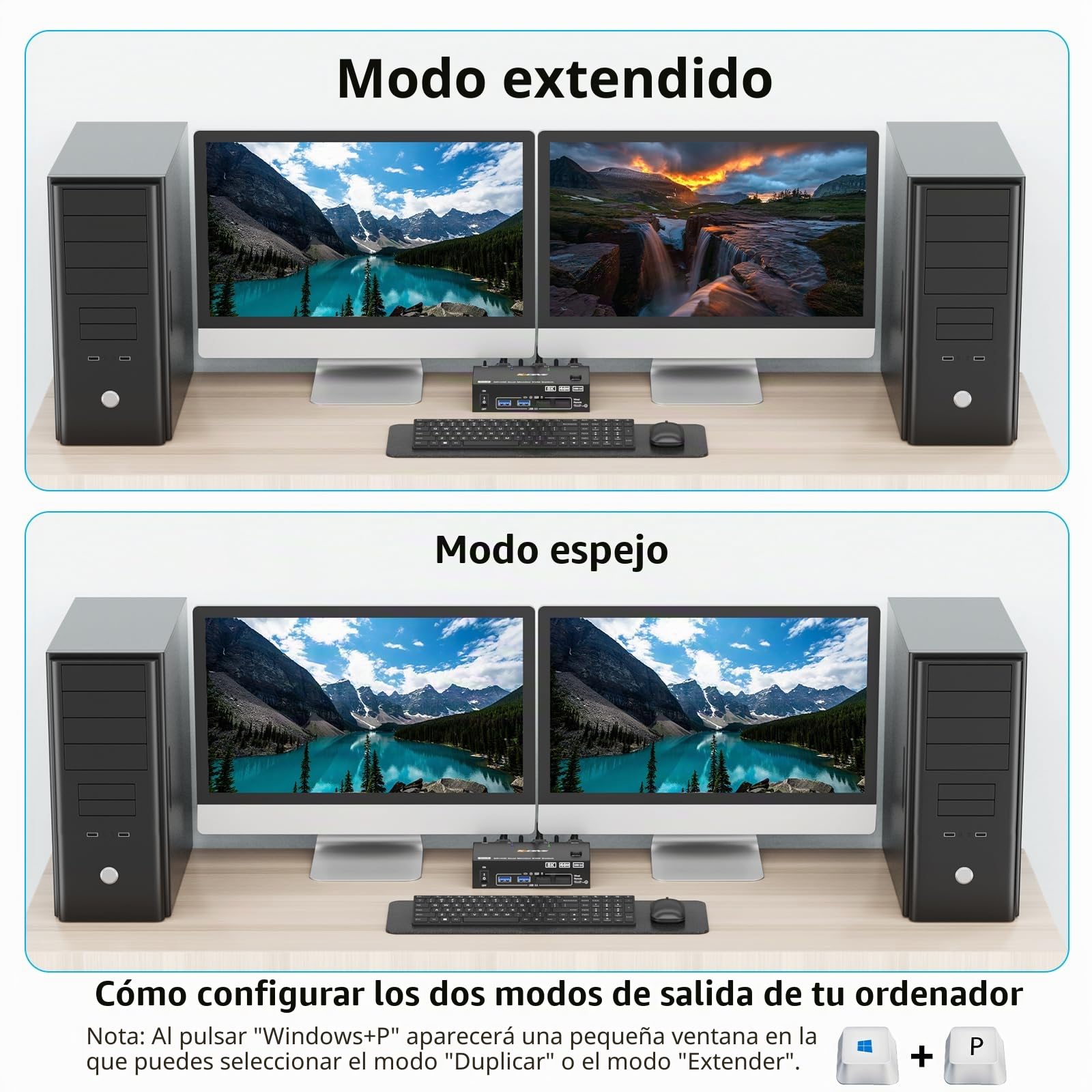 Conmutador KVM 8K 2 PC 2 monitores 8K @ 60Hz 4K @ 144Hz DisplayPort + HDMI Dual Monitores KVM Switch para 2 PC Share 2 monitores y 4 dispositivos USB 3.0, mando a distancia por cable, fuente de