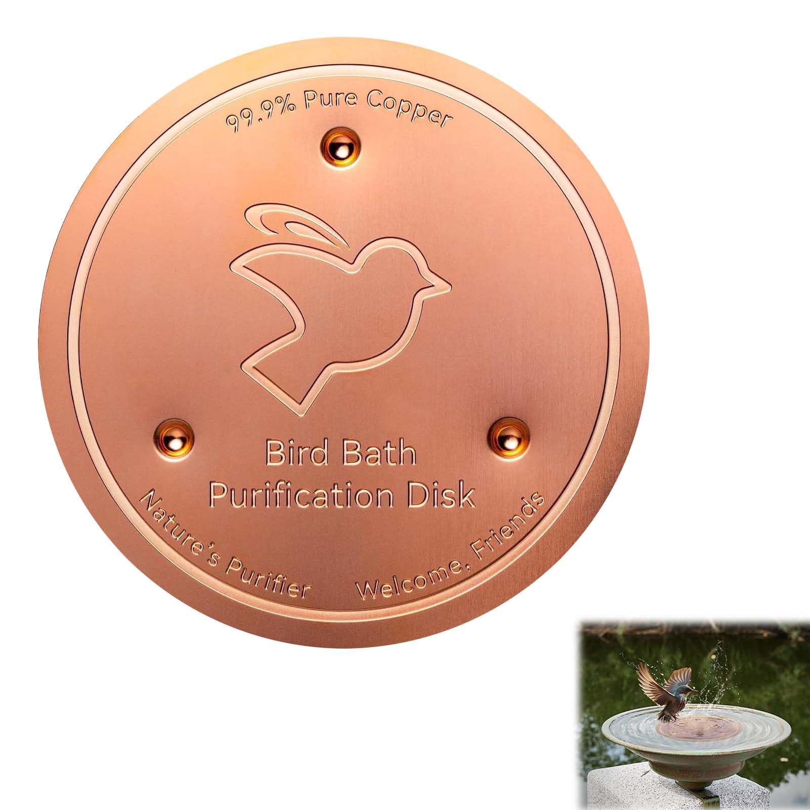 Solbrezeni Bird Bath Purification Copper Disk, Mellbree 0.6mm 99.99% Bird Bath Copper Disk, Self-Cleaning Design for Keeping Birdbath Water Fresh, Universal Fit for Outdoor Birdbaths, Bowl