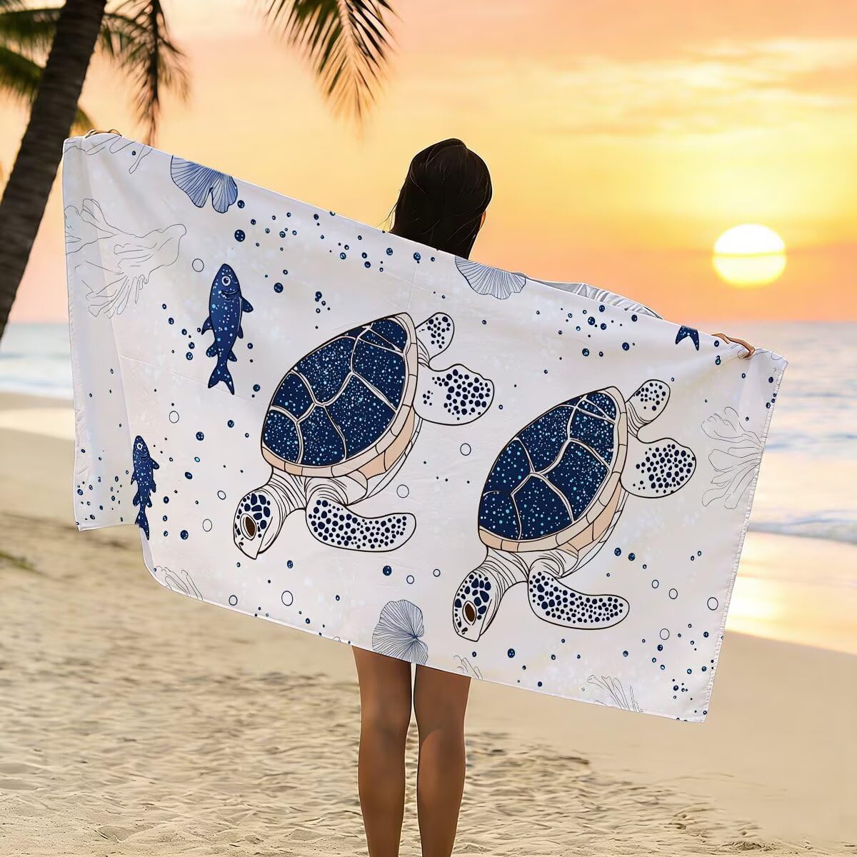 Telo Mare Microfibra, Telo Mare Grande 90x200cm 2 Pezzi, Asciugamano Palestra Donna Asciugatura Rapida, Antisabbia Asciugamano Microfibra, Leggero Asciugamani Palestra, Regalo (Tartaruga marina) -4502