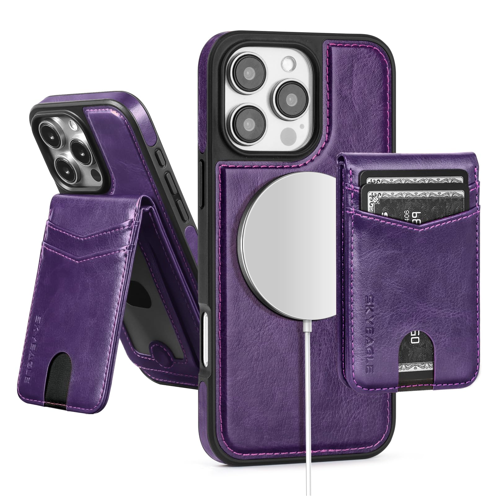 SkyEagle Compatible with Magsafe 2 in 1 Detachable iPhone 16 Pro Wallet Case with Card Holder Women Men,Magnetic PU Leather RFID Blocking Flip