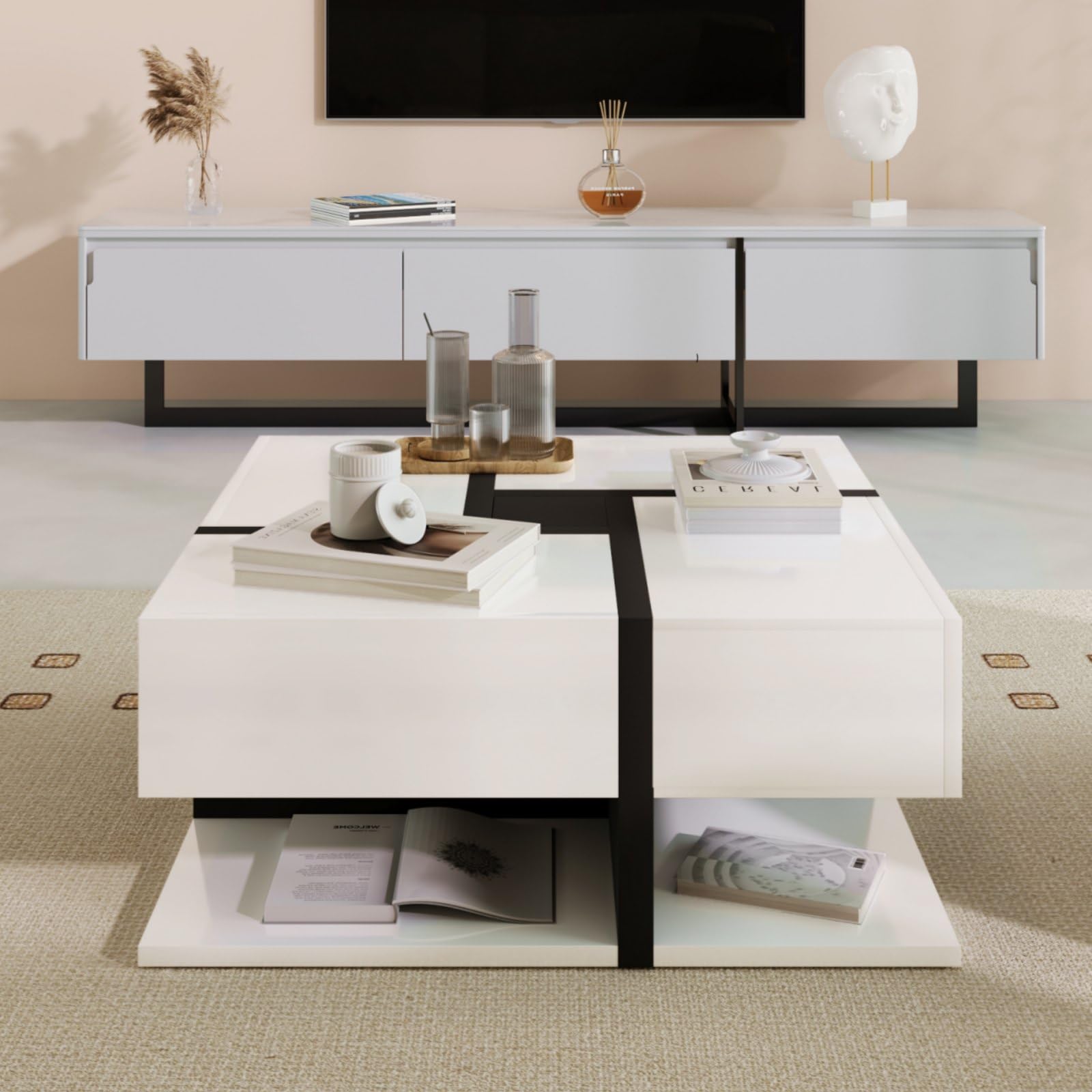 KOMHTOM Table basse carrée blanche moderne. Table d'appoint avec quatre tiroirs et compartiment de rangement ouvert, table basse pour salon chambre à coucher (Blanc+Noir)