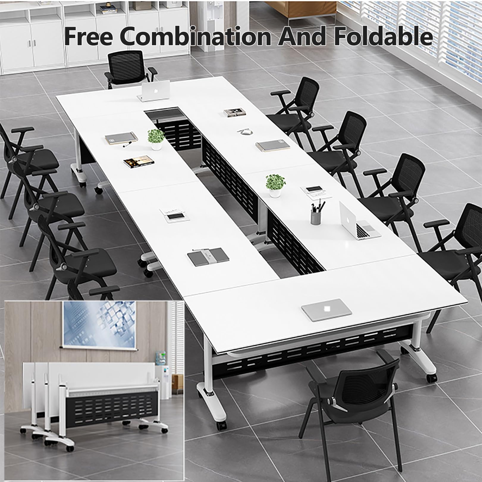 Tavolo di utilità mobile, tavolo da lavoro for formazione con rotelle ribaltabile 3 pezzi ruote silenziose, adatto ufficio, sala riunioni, classe,Tavoli da conferenza(140x60x75cm)