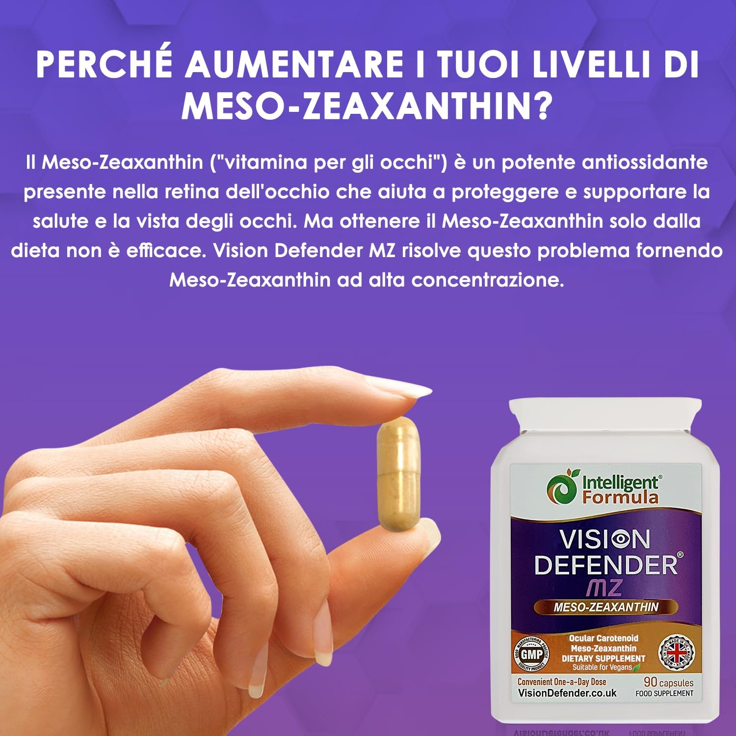 Vision Defender MZ Integratore per la Salute degli Occhi - 10mg Meso-Zeaxantina da Estratto di Tagete - Carotenoide Antiossidante per il Supporto della Vista e la Nutrizione della Retina - 90 Capsule