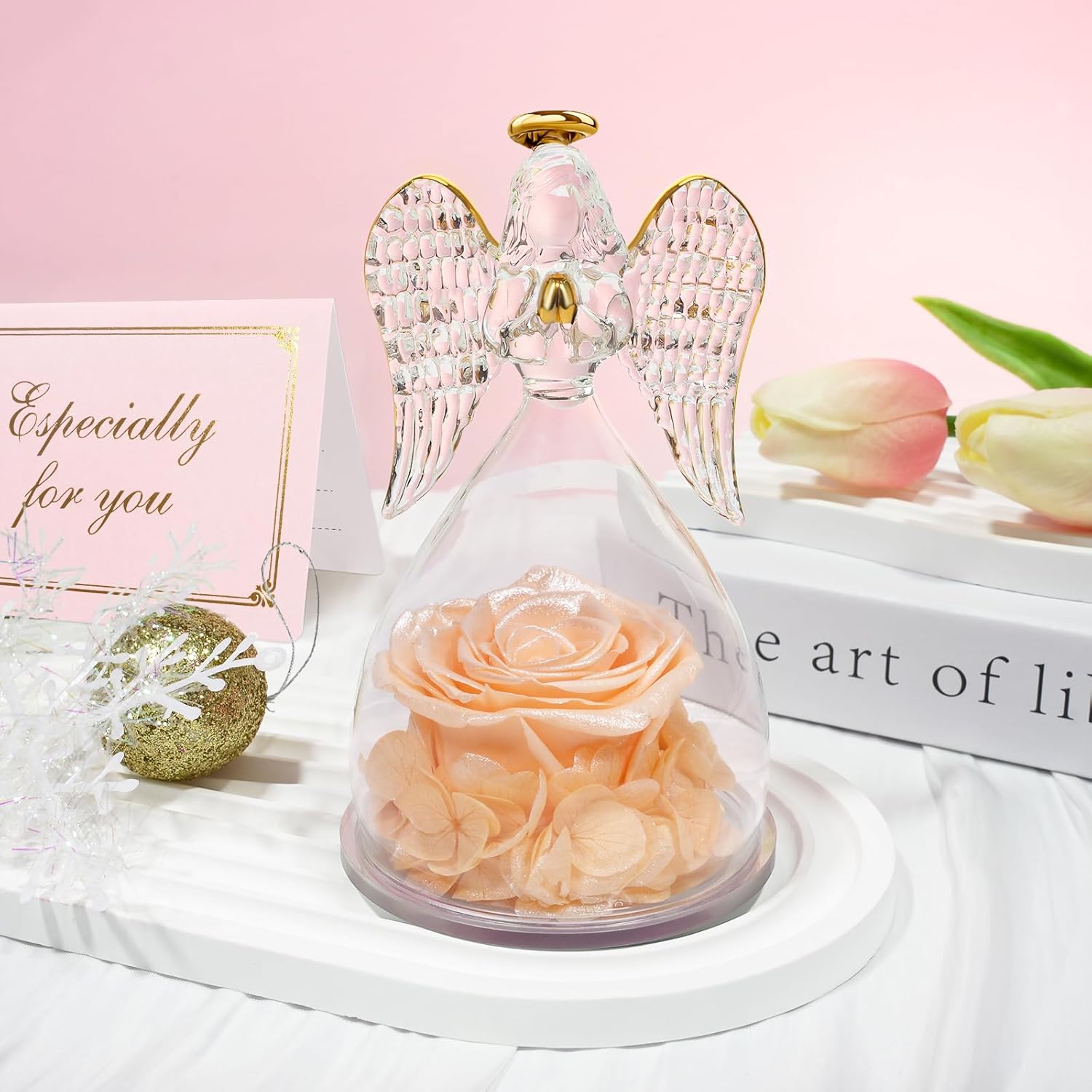 Sunia Valentines Day Rose Gifts for Women, Birthday Gifts for Mom Grandma, Forever Preserved Flower in Glass Angel Figurines Flowers for Delivery Prime, Mothers Day Real Roses for Her Wife - Image 3