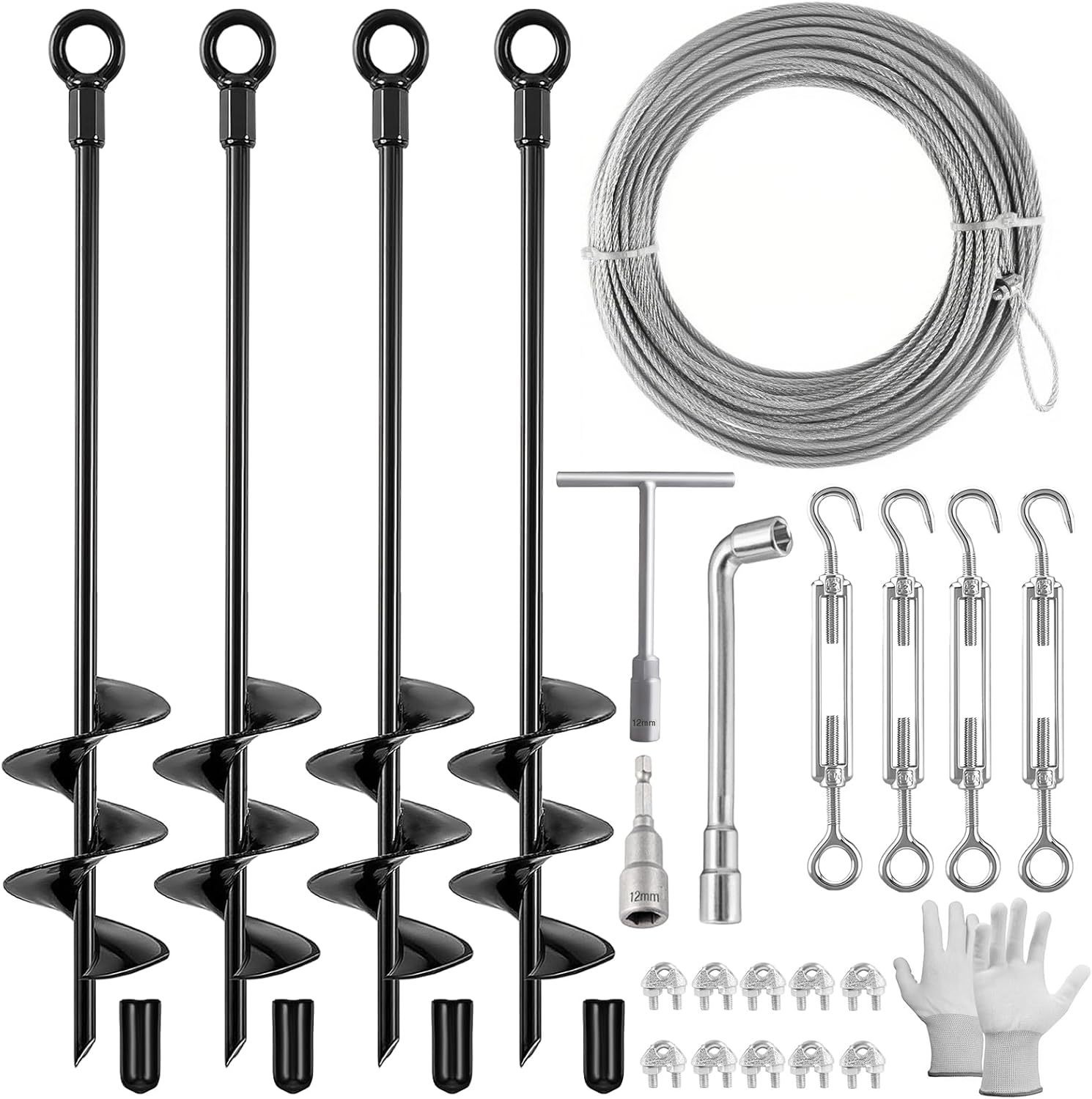 4 Pack 18" Ground Anchors Shed Anchor Kit with 50ft Galvanized Cable & 4 Pack Turnbuckles, Heavy Duty Ground Anchor Screw in Spiral Auger Earth Stakes for Shed Trampoline Swing Set Mobile Home