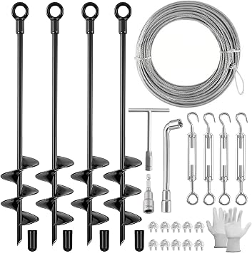 Fabulas 4 Pack 18" Ground Anchors Shed Anchor Kit with 50ft Galvanized Cable & 4 Pack Turnbuckles, Heavy Duty Ground Anchor Screw in Spiral Auger Earth Stakes for Shed Trampoline Swing Set Mobile Home