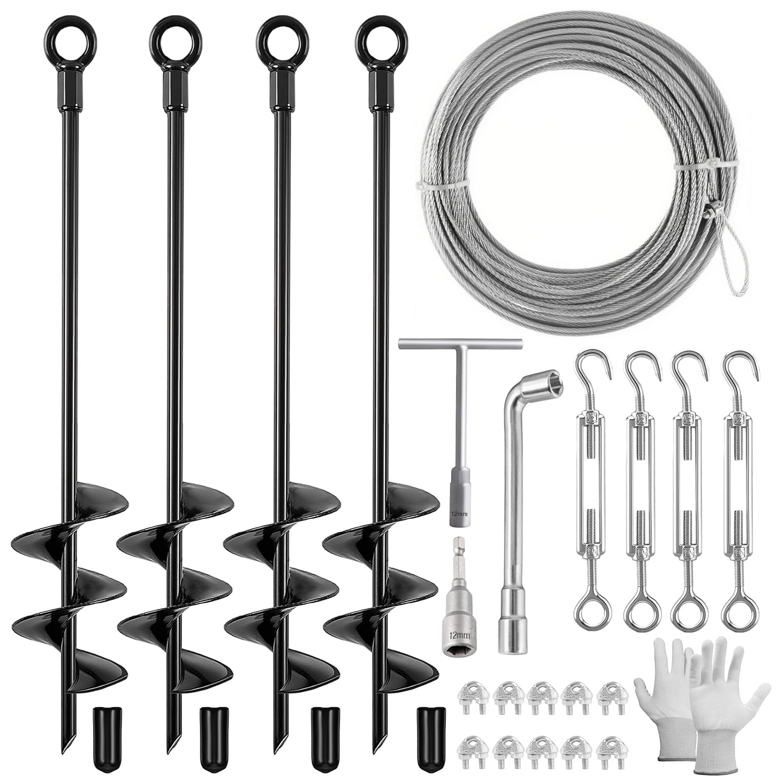 Fabulas Juego de 4 anclajes de suelo de 18 pulgadas con cable galvanizado de 50 pies y 4 tensores, tornillo de anclaje de tierra resistente en espiral, estacas de tierra para cobertizo, trampolín