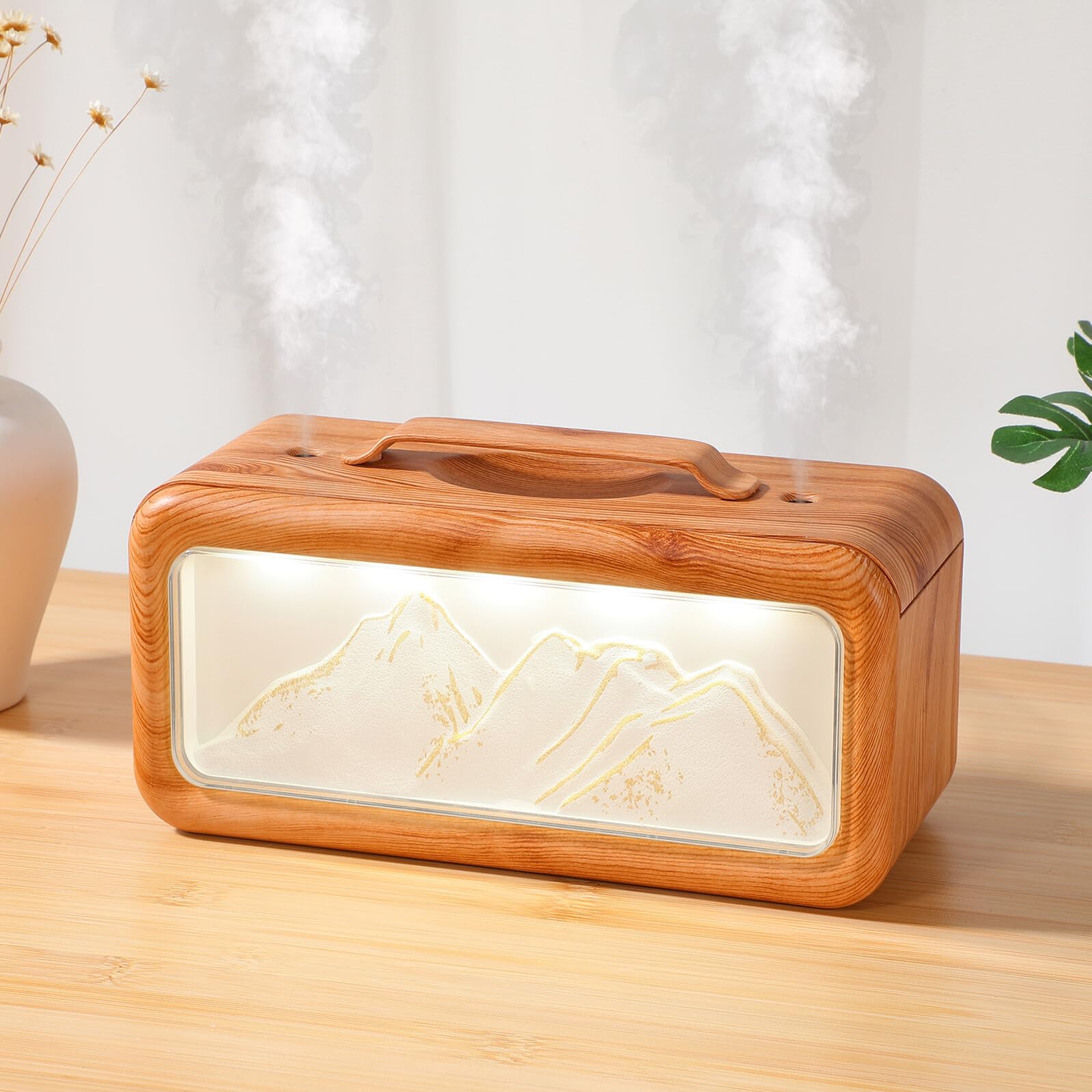 Beavorty Humidificador de Escritorio Mini de 600 Ml Diseño de Veta de Madera y Doble Pulverización Silenciosa, Humidificador Portátil para Dormitorio, Oficina y Habitación de Ñiño
