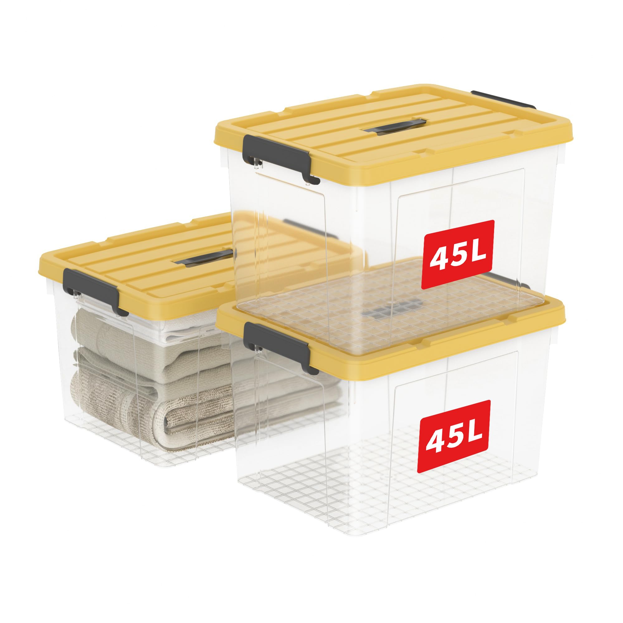 Cetomo 45L*3 Scatole di Stoccaggio, Scatole Portaoggetti con Coperchio, Organizzatore con Manico, Contenitori per Casa e Ufficio, Impilabile, Resistente, Chiaro, Giallo, Plastica, 45L-Confezione da 3