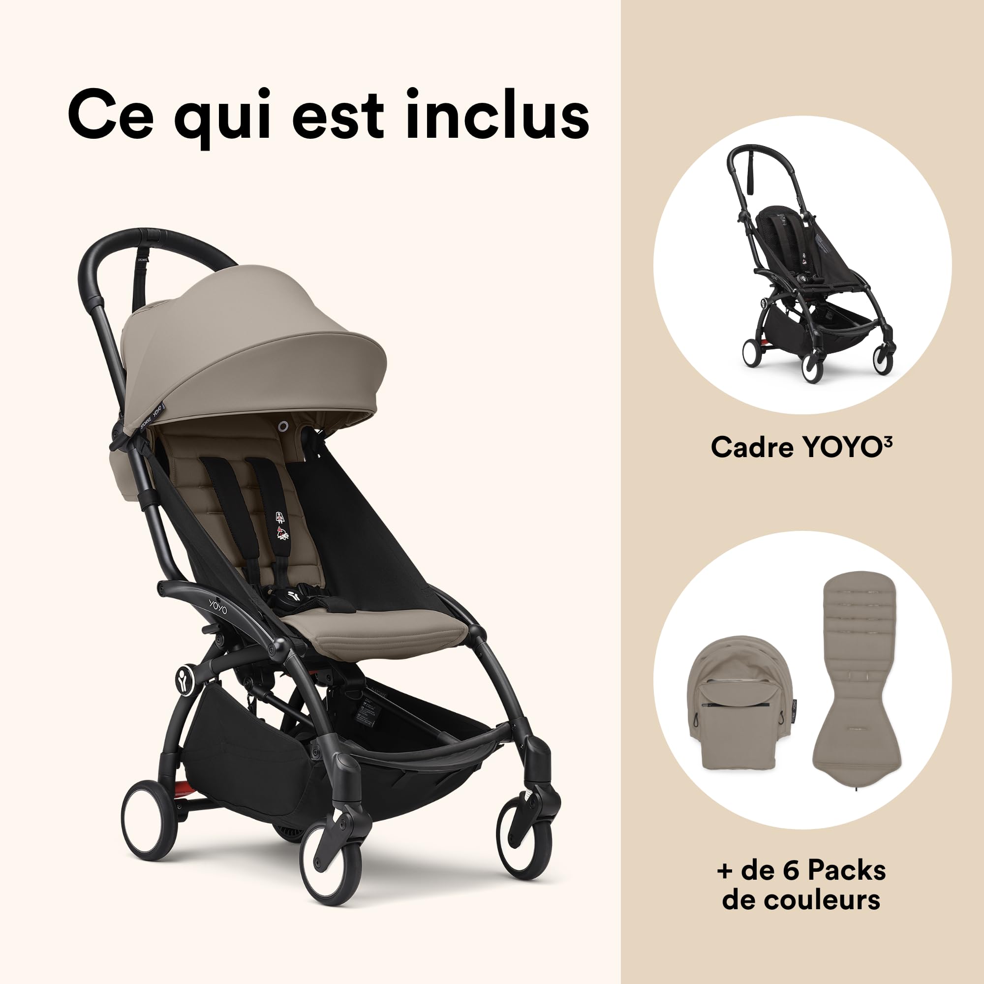 Poussette Stokke YOYO3 6+ - Cadre noir + pack couleur 6+ taupe + capote - Pliage facile, légère et compacte - Compatible bagage cabine