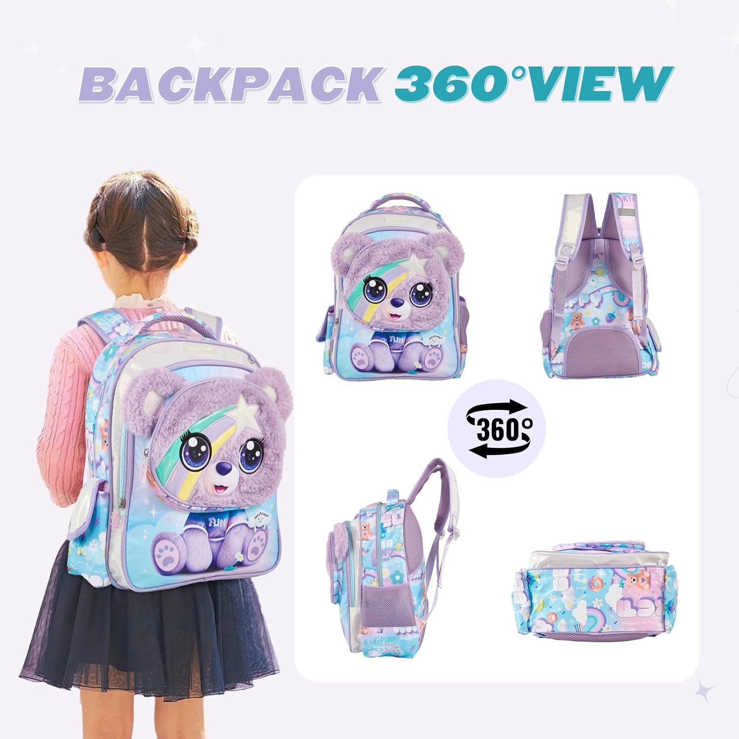 Girls Backpack Kids Backpacks for Girls Cute Bear Backpack Kawaii Backpack for Preschool Elementary Kindergarten,Purple Color,Large Capacity,16 Inch - Image 4