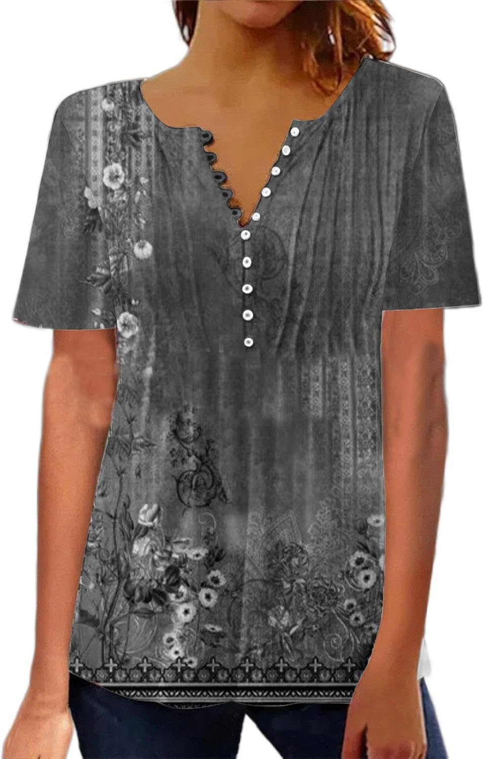 2023 New Womens Floral Short Sleeve Button V Neck Shirts Vintage Casual Blouse Ethnic Print Summer Tunic Top Loose