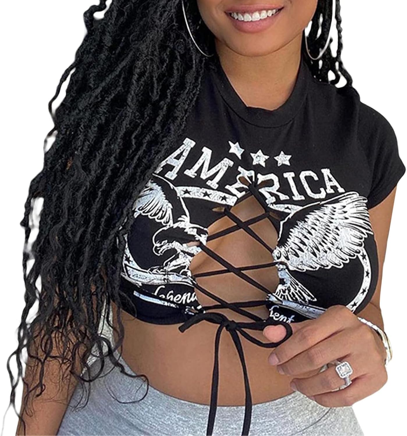 Remidoo Women's Sexy Lace Up Crop Top Short Sleeve Cropped T Shirt Cutout Graphic Tee - Image 3