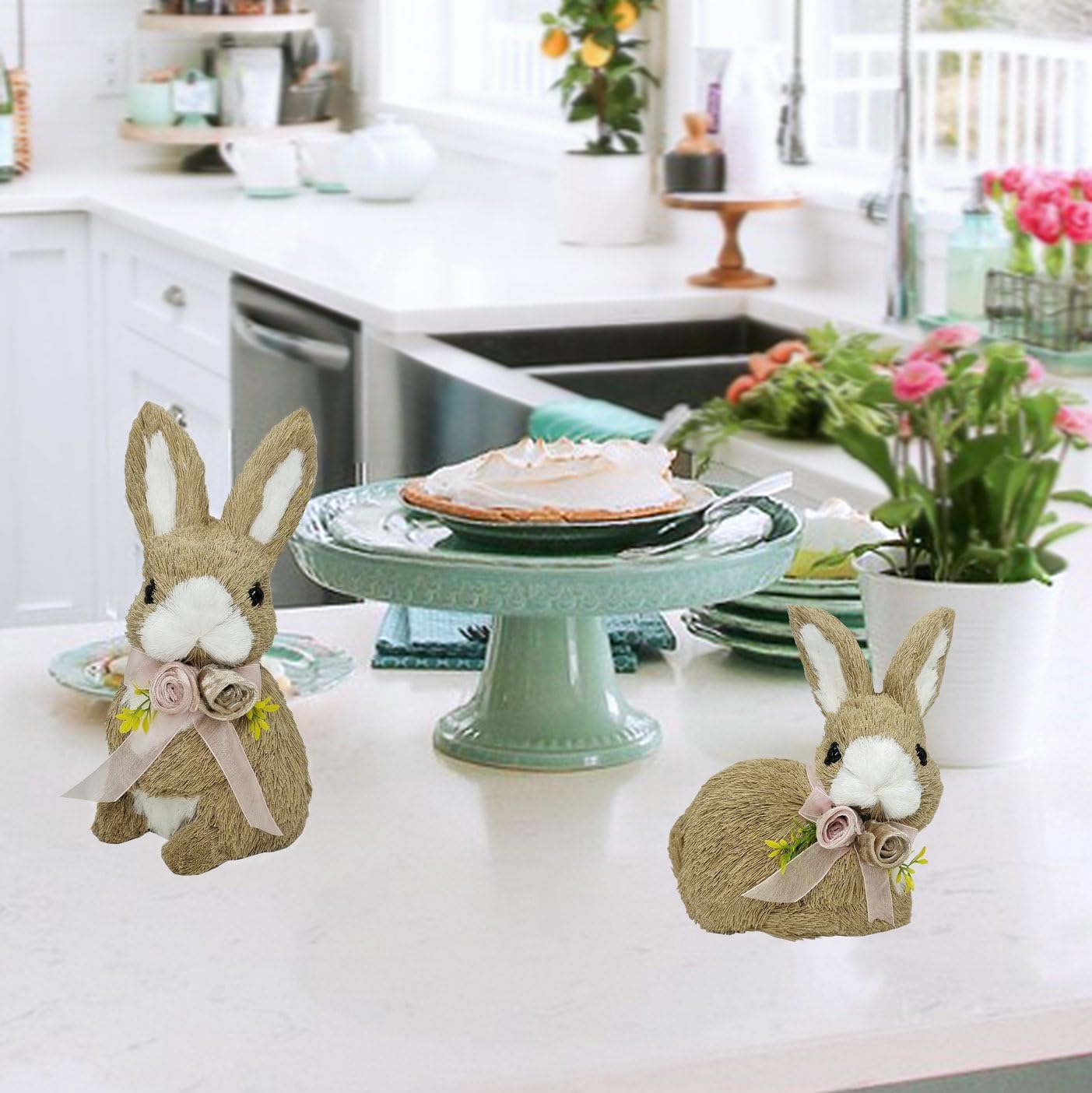 naturevibe 10 Inches Sisal Bunny Easter Decor,Set of 2 Easter Bunny w Floral Bow as Spring Decor,Decorative Farm Animals as Home Decorations