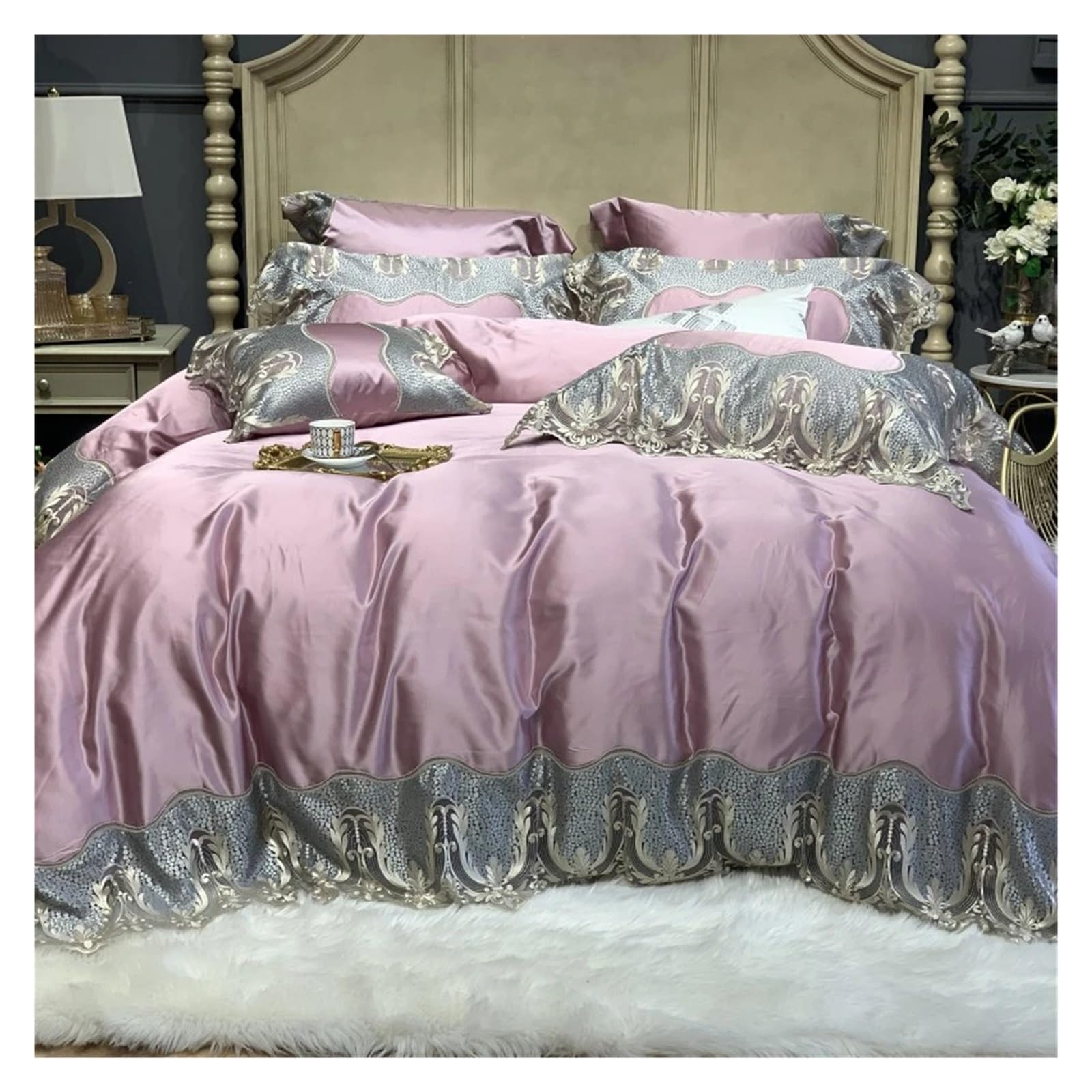 Sbcgfy A Bed Four Pieces Set, Luxury Red 1000Tc Egyptian Cotton European Wedding Lace Bedding Set Soft Duvet Cover Bed Sheet Or Bedspread Pillowcases 4Pcs,-Queen 200X230cm 4Pcs