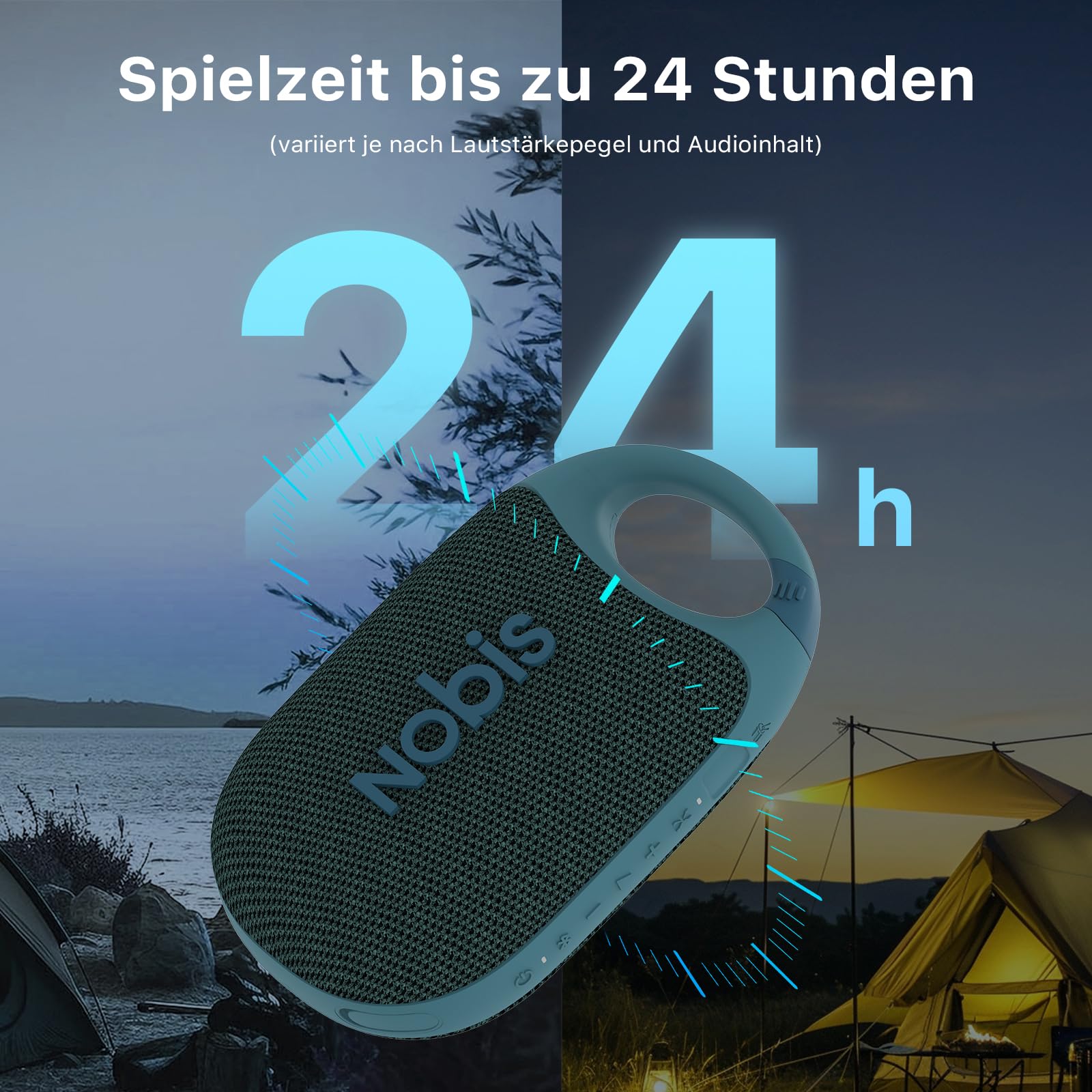 NOBIS Clip N1 Tragbarer Bluetooth Lautsprecher mit App, Beat-Modus, bis zu 24 Stunden Spielzeit, IP68 wasserdicht, BT 5.3, HD-Sound, Stereo-Paarung, Custom EQ, perfekt für Outdoor (Blau)