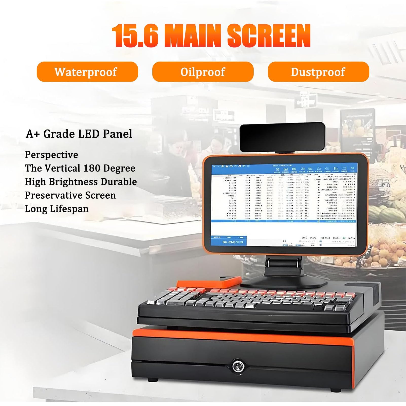 Caisse Enregistreuse Tout-en-Un,Écran Simple/Double de 15,6 Pouces, Imprimante de Reçus Intégrée, Tiroir-Caisse pour Supermarchés Restaurants et Vente au Détail SingleScreen-Black&Orange