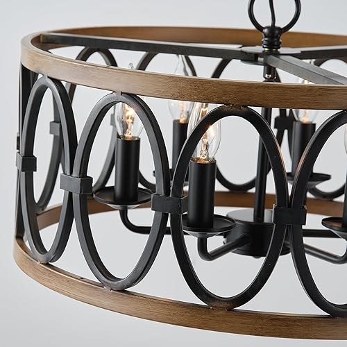 Miniatura 3 de Lámpara de araña antigua de granja para comedor, isla de cocina, 6 lámparas colgantes de tambor, lámparas colgantes redondas de metal negro y