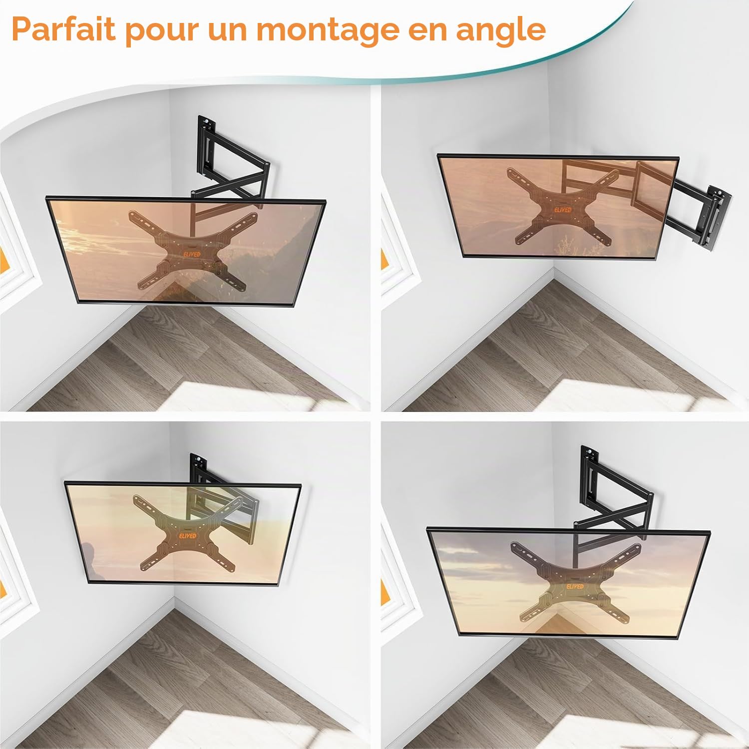 ELIVED Support mural TV à bras long de 950 mm pour téléviseurs de 26 à 65" | Support TV d'angle extensible, max. VESA 400 x 400 mm, supporte jusqu'à 35 kg, EV3018