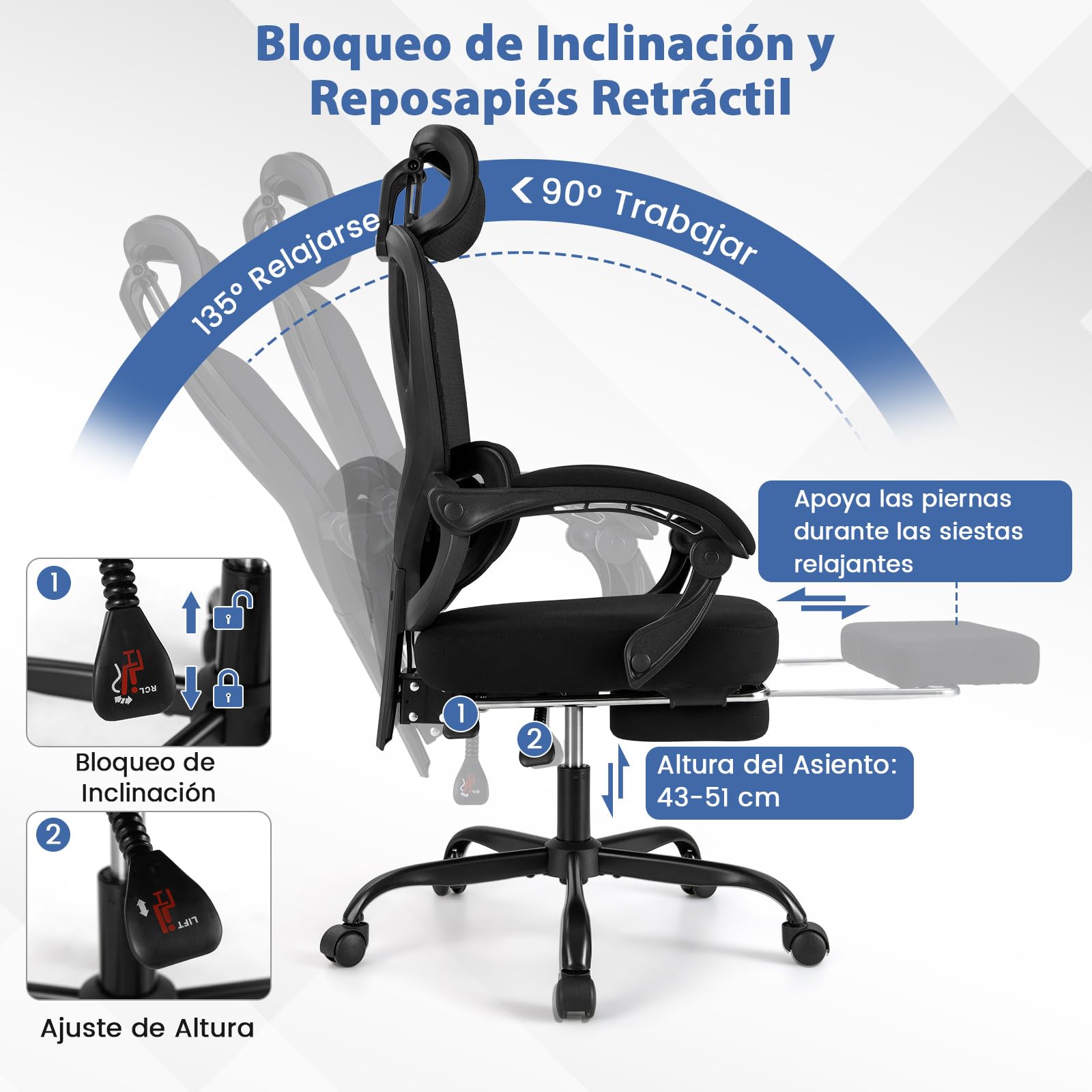 COSTWAY Silla Oficina Ergonomica, Respaldo Alto de Malla y Reposapiés Retráctil, Silla Gaming, Respaldo Inclinable, Reposacabezas, Altura y Soporte Lumbar Ajustables, Office Chair Ruedas