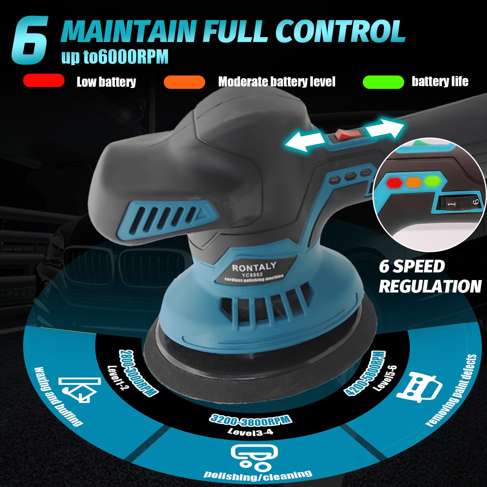 Batería pulidora excéntrica, juego de 2 baterías de 3,0 Ah y cargador, 6 marchas, 2500-6000 rpm, 16 accesorios, indicador de batería LED, para abrillantador de pintura, encerado, eliminación de