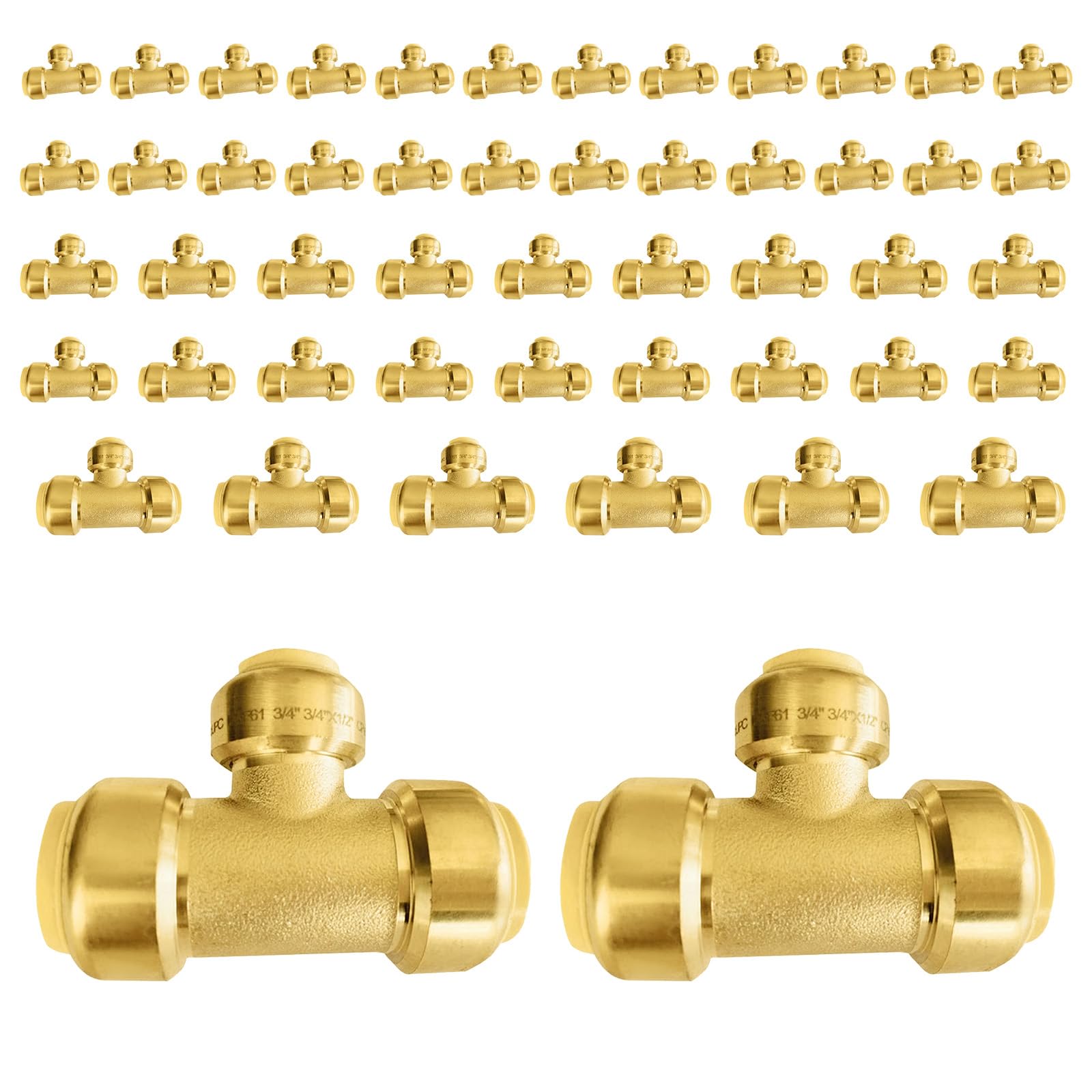 TLDONCXH 50 PCS Foskan 3/4" x3/4" X1/2" Push Fit Tee,LF-Brass Fittings, Push to Connect PEX, Copper, C, PE-RT Pipes, with Disconnect Clip for Plumbing Repairs