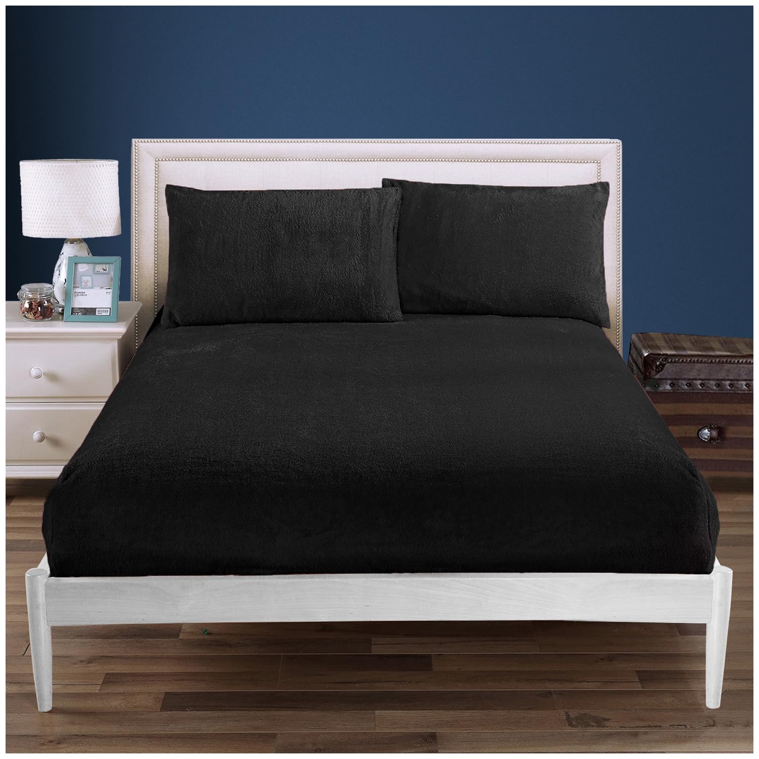 100% Polyester Super King Bottom Sheet, Warm & Cozy Teddy Bear Fleece Fitted Sheet, Easycare Soft Fur Snuggly and Thermal Bedsheet, Easycare Fluffy Warm Bedding, Black