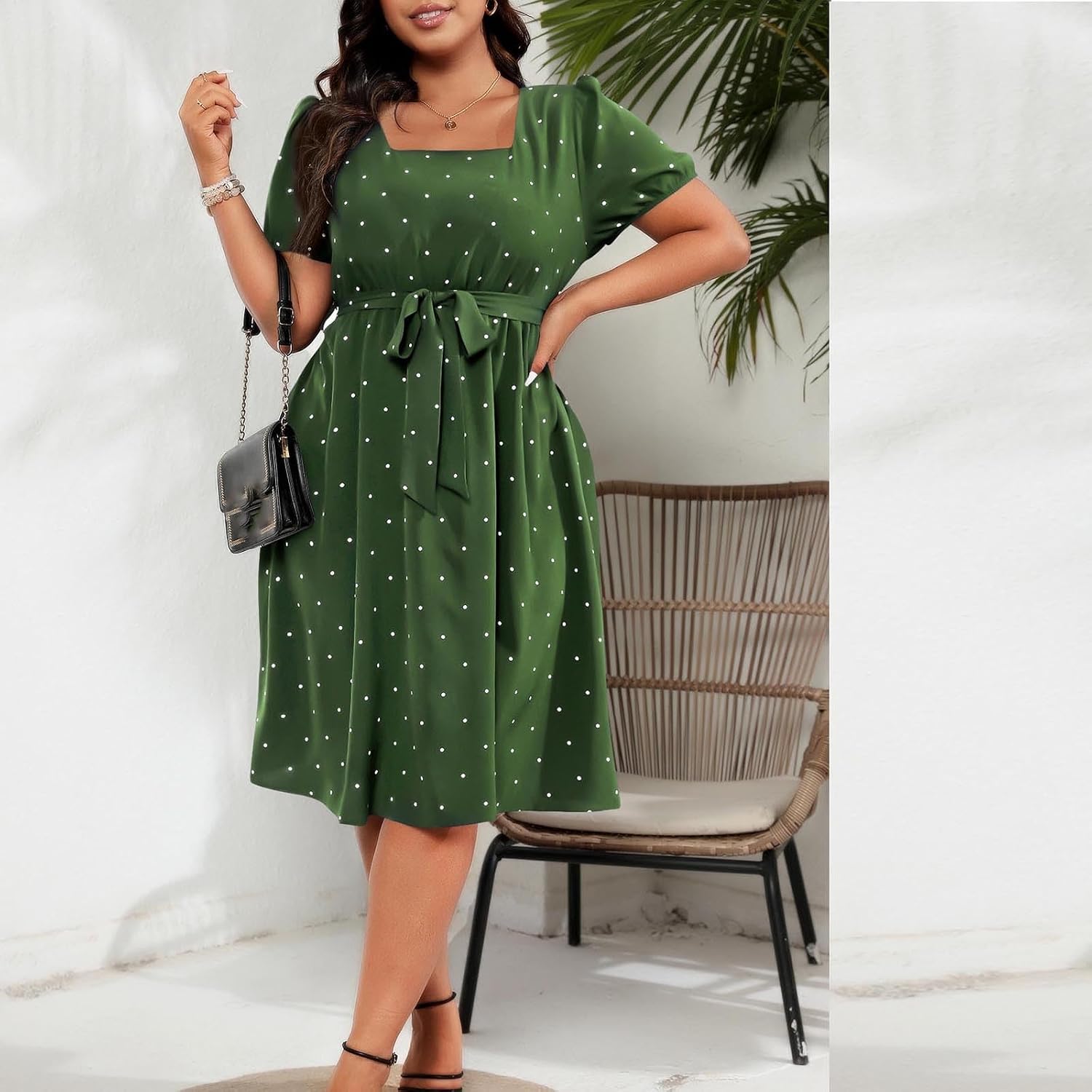 Womens Plus Size Mini Dresses Fashion Square Collar Short Sleeves Polkadot Pleated Midi Dress Swing Flowy Sundress