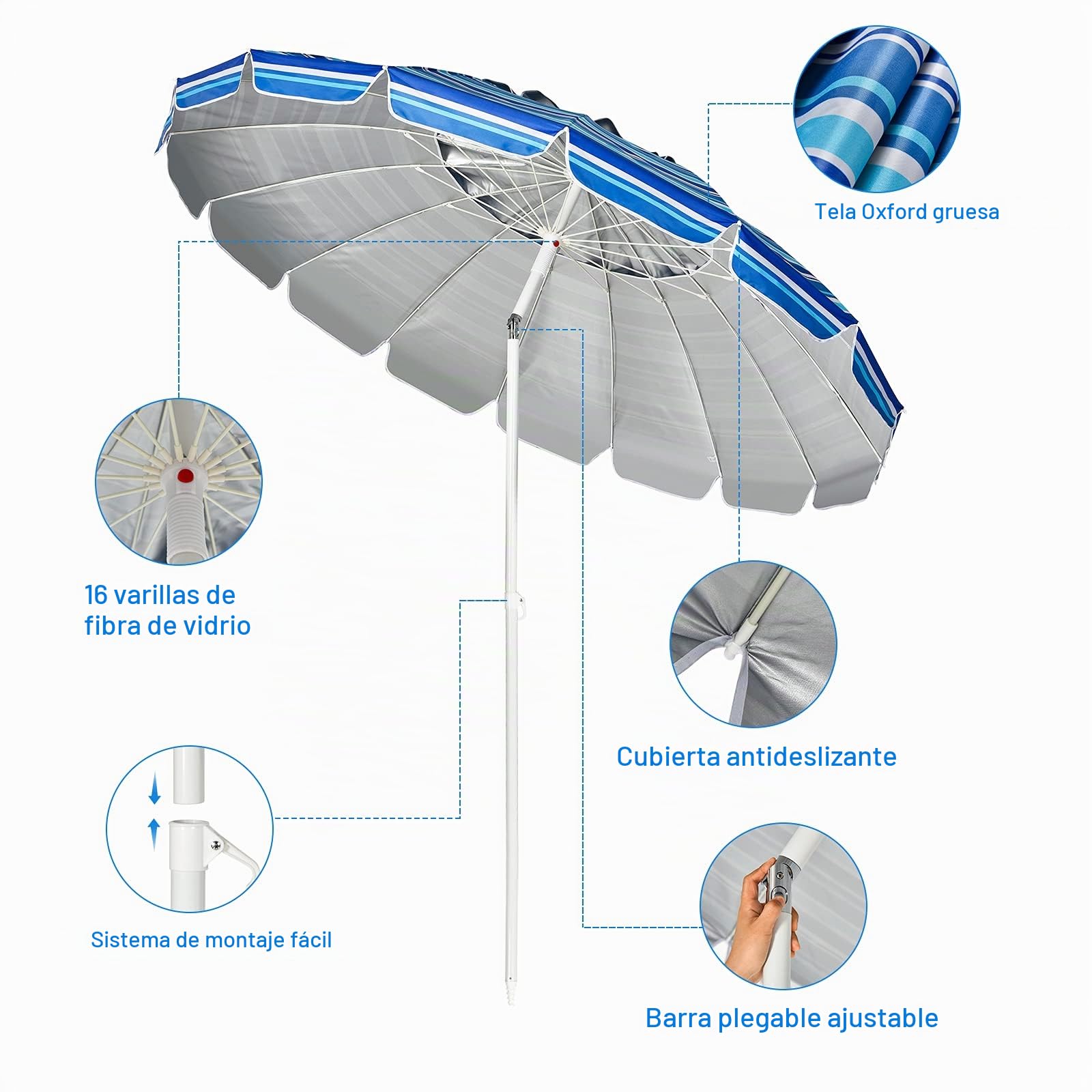 KOMFOTTEU Sombriilla de Playa Ajustable de 243 cm, Parasol de Jardín con Protección Solar, Sombrilla de Terreza con Fundo Puntiaguda, Sombra de Patio Plegable con Bolsa de Transporte