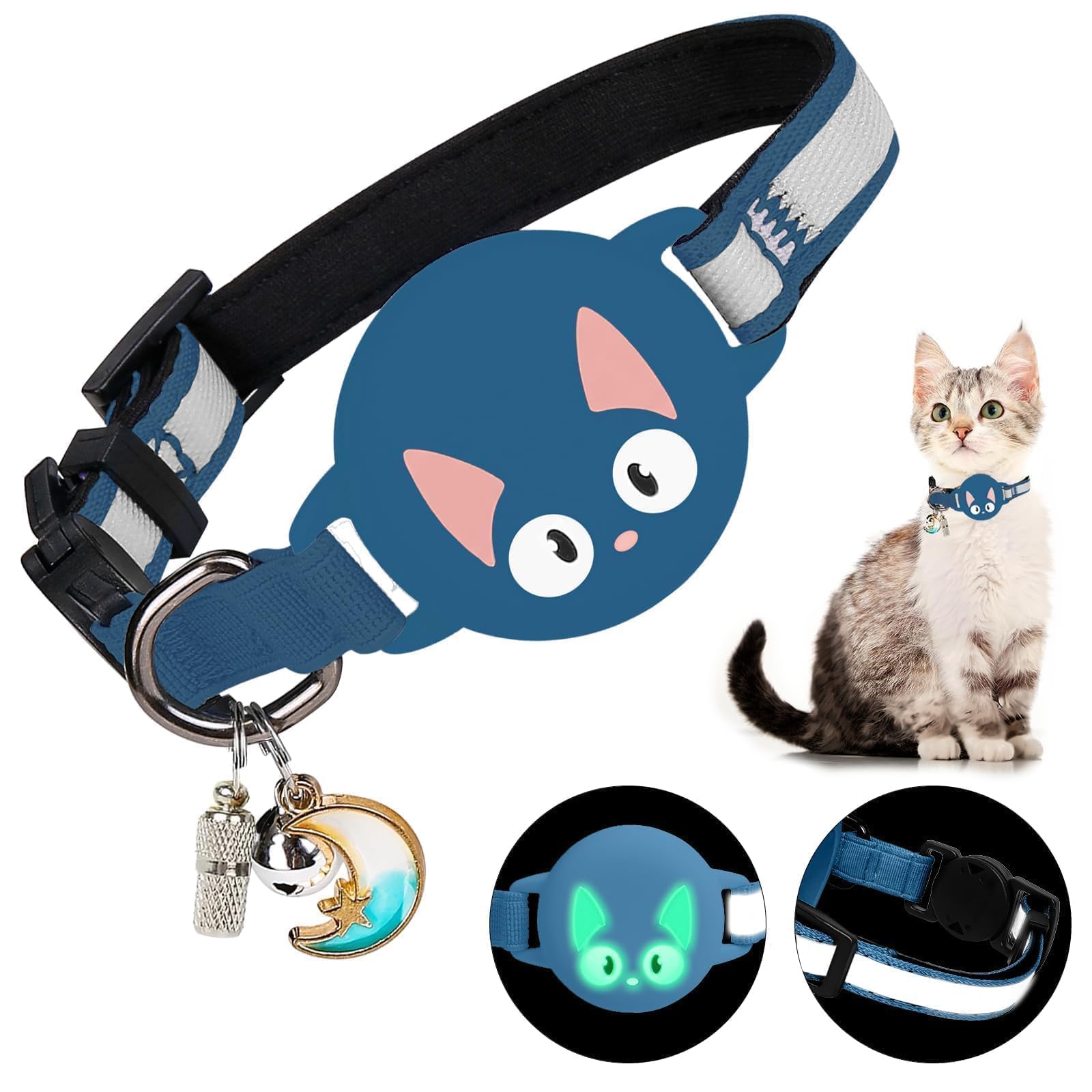 Woyinger Reflective Breakaway Cat Collars with Bells, Hidden GPS Tracker for Airtag Safety Buckle Kitten Collar, with Name Tag, Waterproof for AirTag Luminous Holder, Accessories, Stuff(Sapphire Blue)
