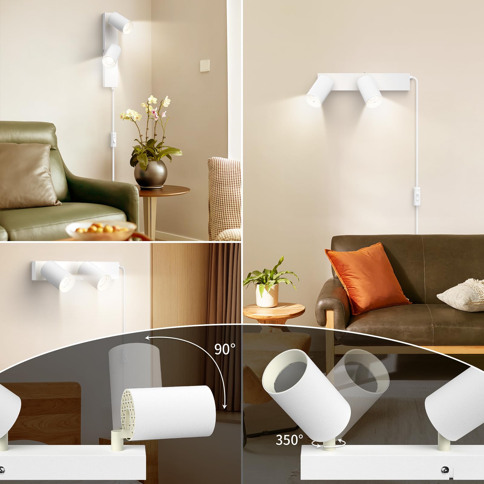 Applique Murale Intérieure avec Prise et Interrupteur 2 Spots Blanc GU10 Lampe de Chevet Murale Moderne Tourner 350°