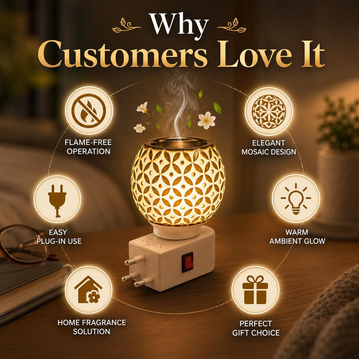 Revwd Kapoor Dani Electrical Camphor Diffuser Glass with On/Off Switch to Toggle Between Burner and Lamp Electrical Night Lamp for Office, Home (Yellow Kapurdani) 3