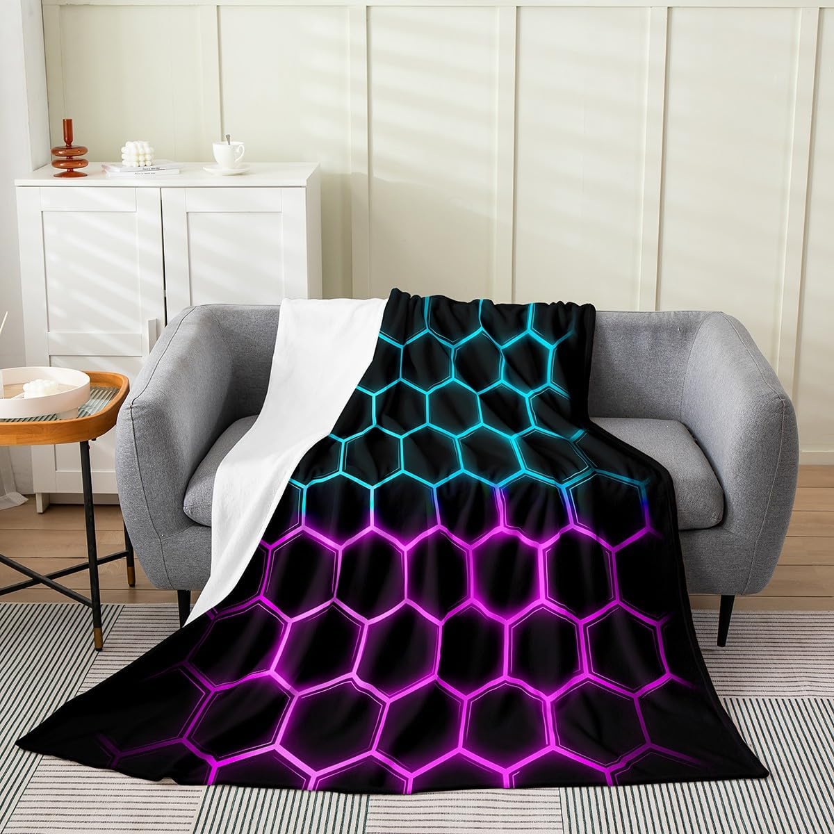 Honeycomb Throw Blanket,Geometric Hexagon Bed Blanket for Kids Teens Girls Boys Game Room Decor,Neon Watercolor Fuzzy Blanket Abstract Modern Black Flannel Blanket(Twin 60"x80"),Green Blue
