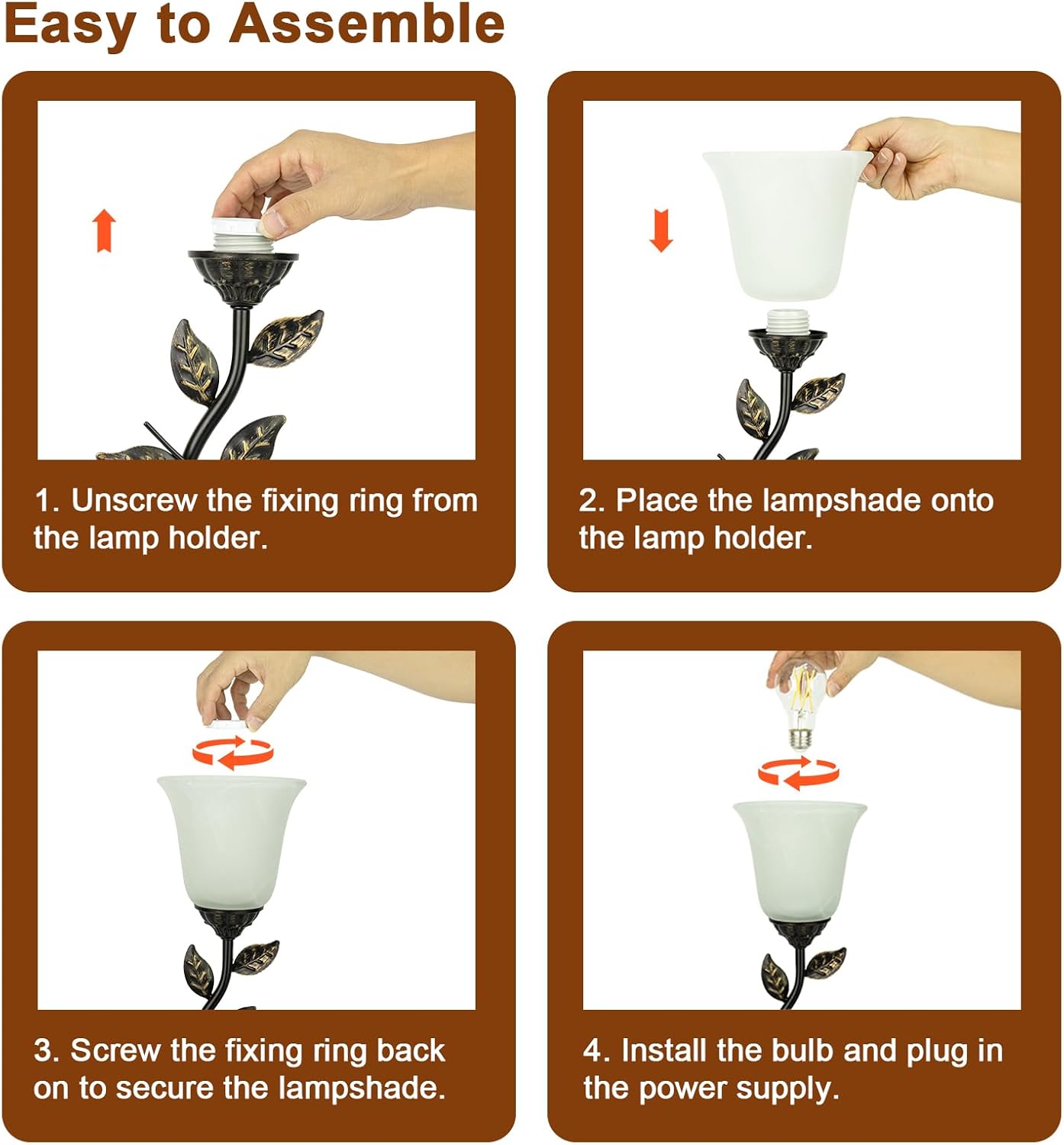 Bedside Lamps Set of 2, 20 Inch Retro Style Table Lamp for Bedroom Touch Control 3-Way Dimmable with USB C+A Charging Ports, Torchiere Lamps for Night Stands Metal Leaf and Glass Shade, Bulbs Included