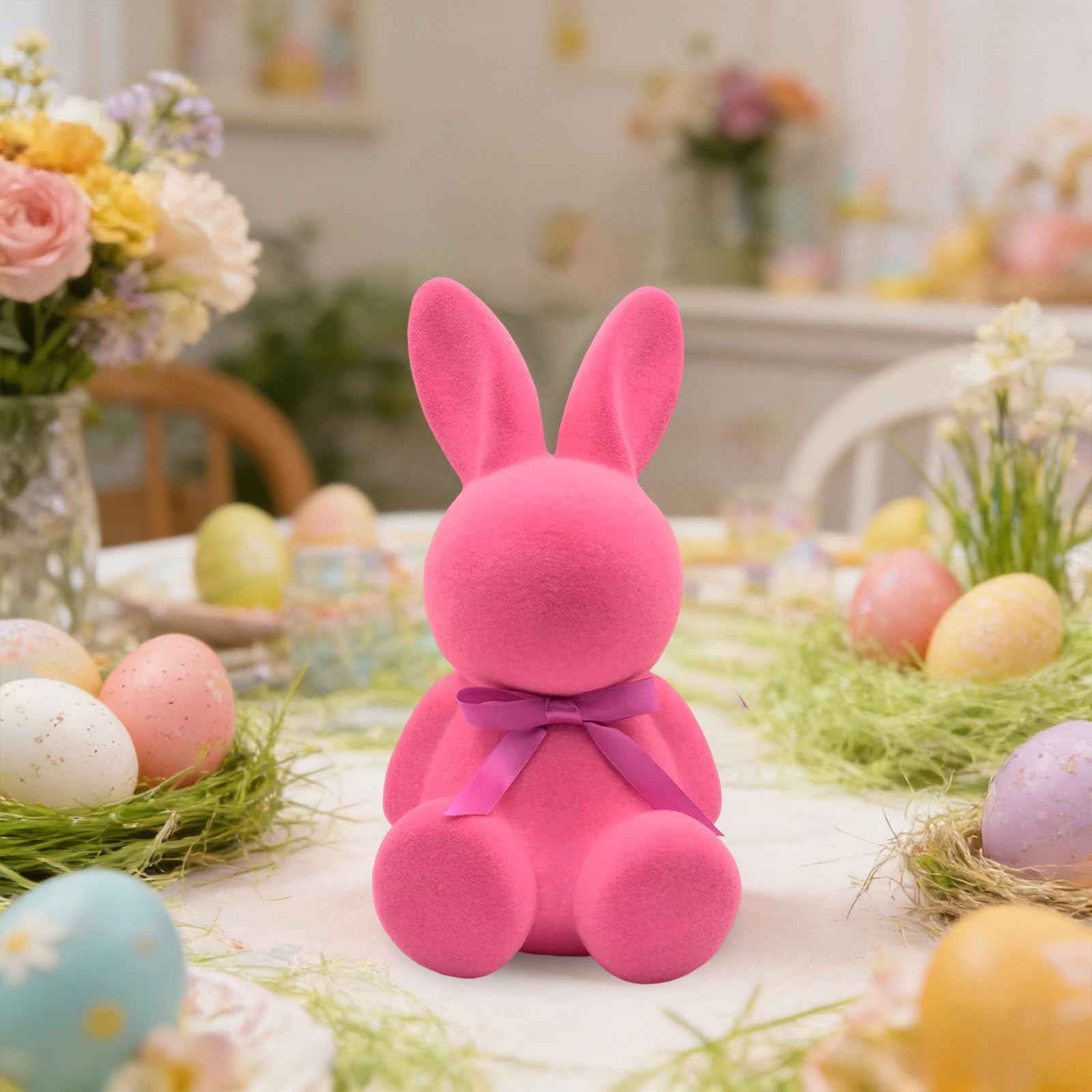 Osterhasen mit Schleifen, Sitzender Hase Deko Hase,Hasenfiguren in Pastellfarben für Tisch, Regal & Wohnraum, Frühlingsdeko (Lila/Magenta/Blau/Rosa)