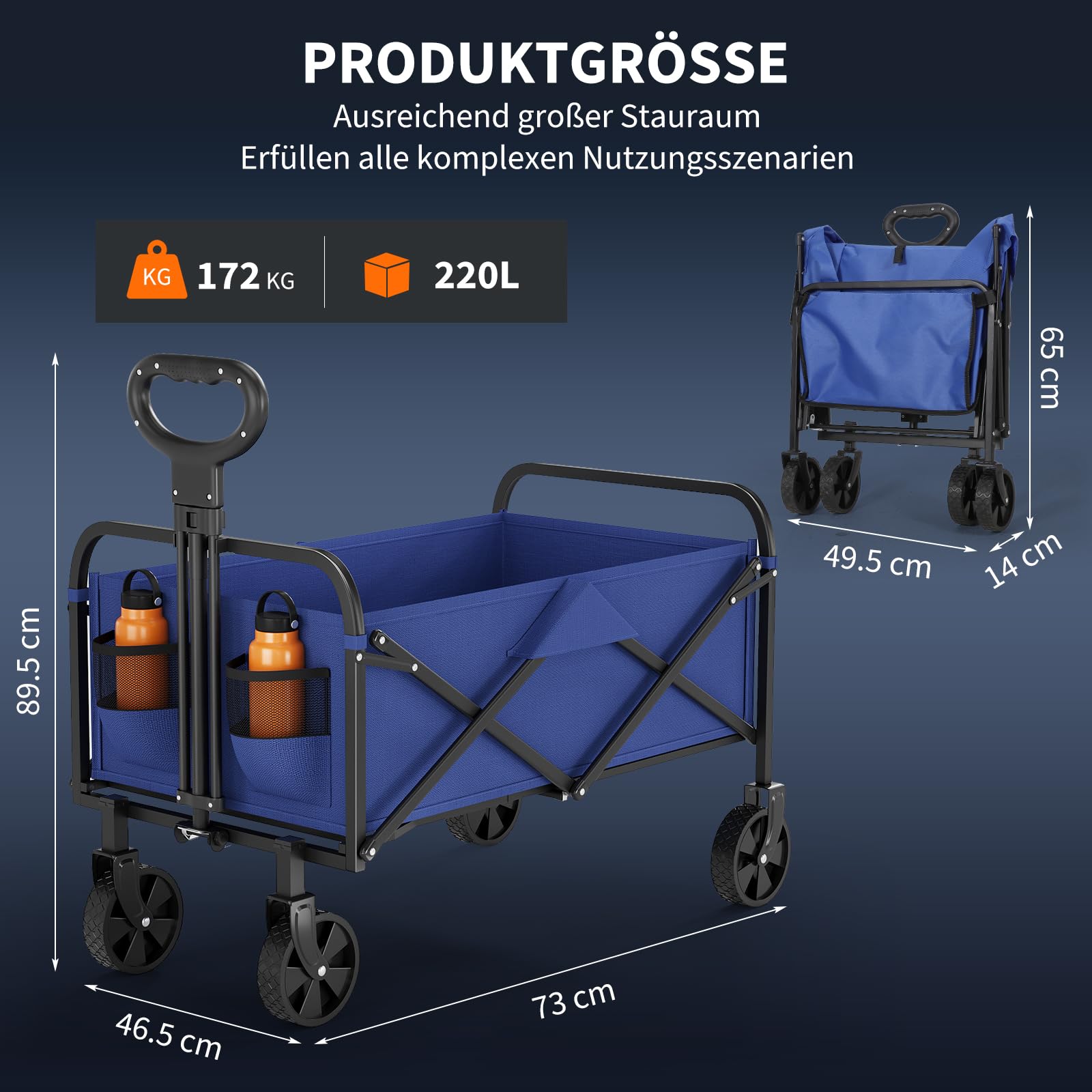 Bollerwagen Faltbar 220L, Klappwagen Bis 172 kg Traglast