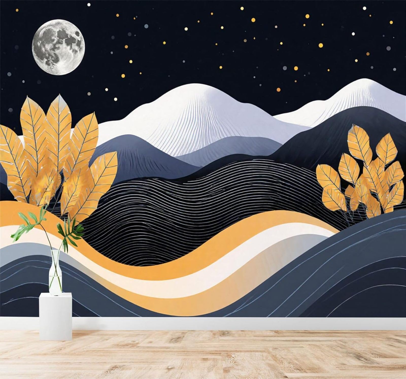 3D Carta da Parati Cielo Stellato Luna Foglie Dorate Colline Paesaggio